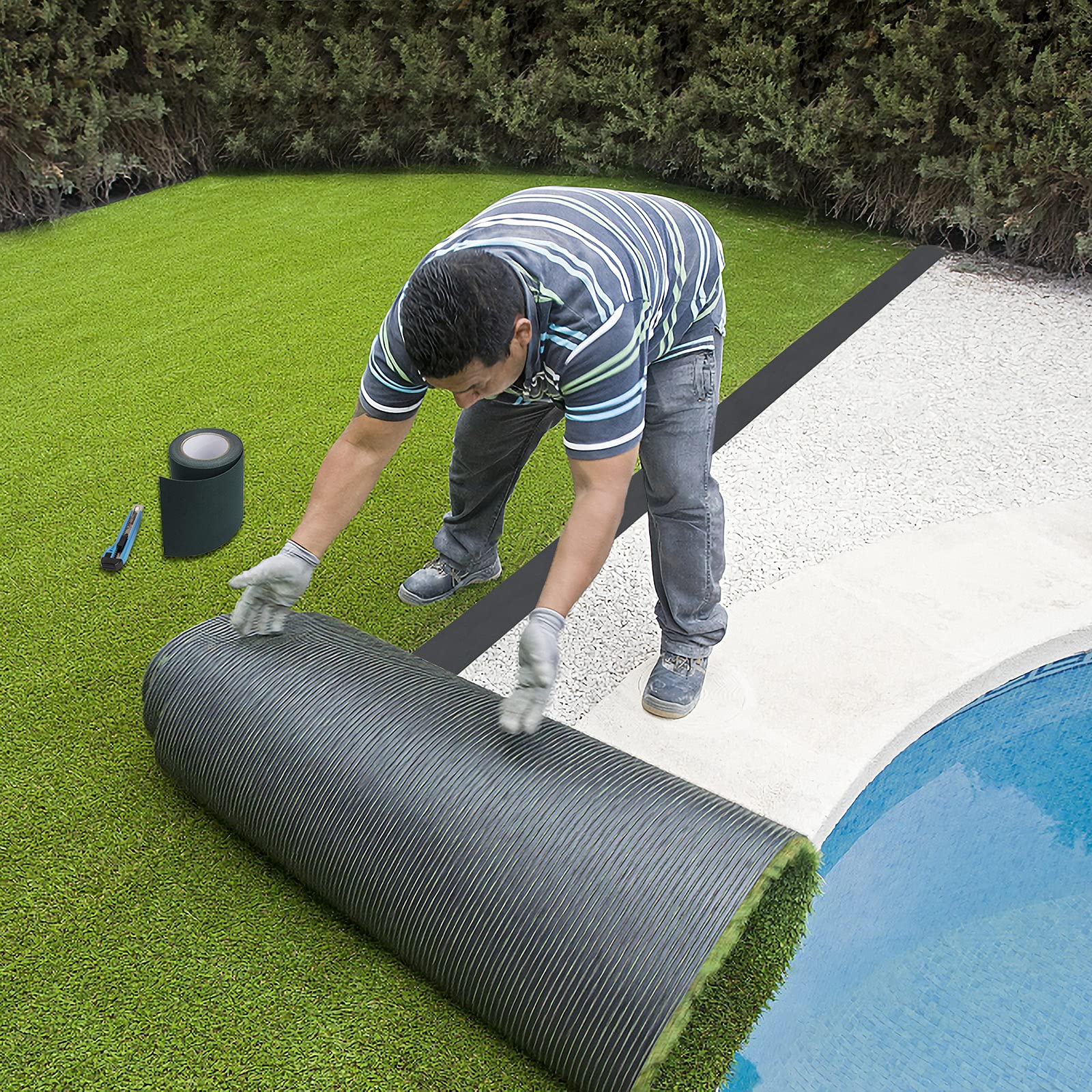 Ruban de Gazon Artificiel Bande de Joint de Pelouse Synthétique Auto-adhésif pour Connecter des Faux Tapis d'herbe Vert (15cm x 10m)