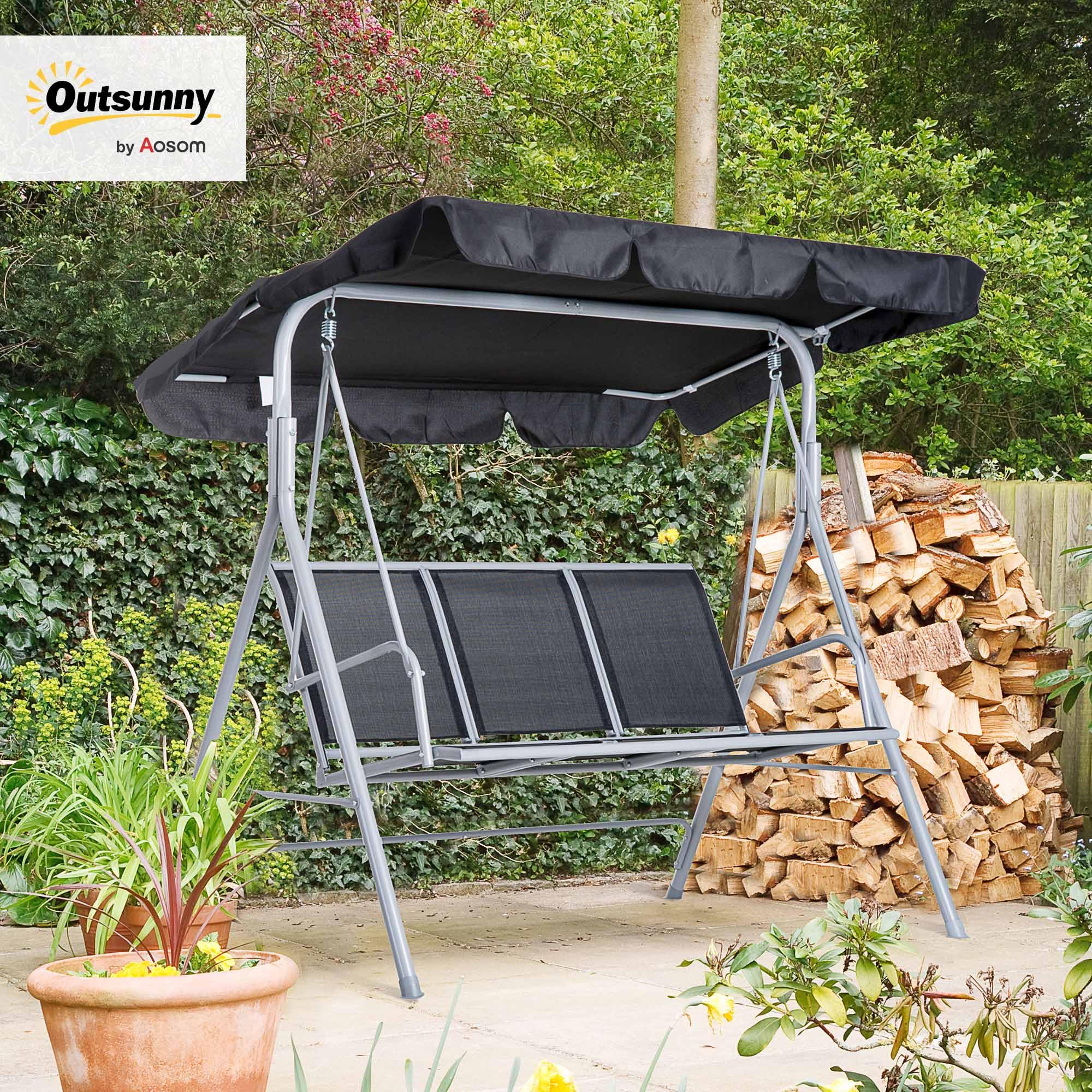 Outsunny Hollywoodschaukel mit verstellbarem Sonnendach, 3-Sitzer Gartenschaukel mit Anti-Rutsch-Füßen, Schaukelbank belastbar bis 240 kg, Gartenliege für Garten, Terrasse, 171x108x154cm, Schwarz