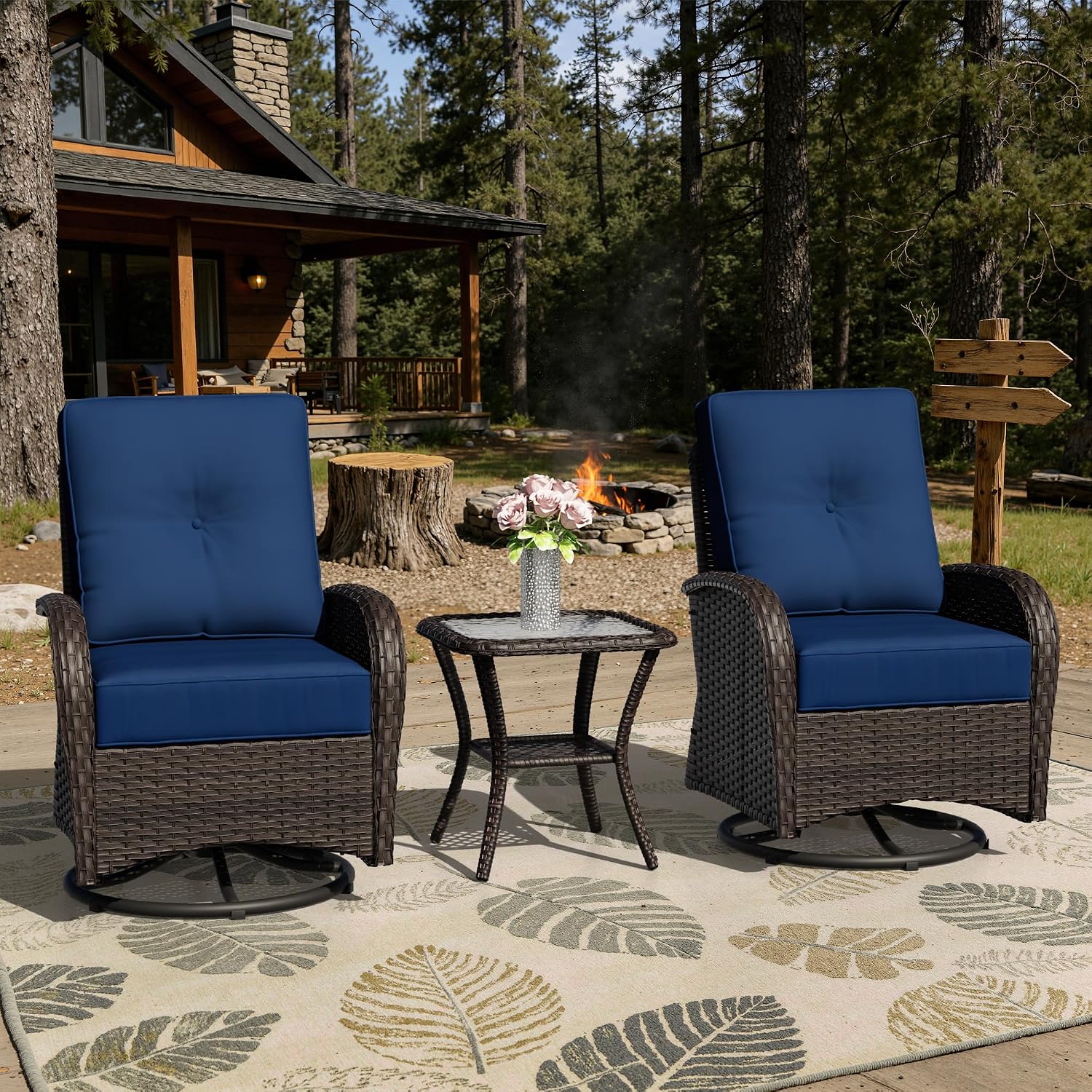 360 Degree Swivel Glider Chairs Set of 2 with Cat Nest End Table, All-Weather & Deep Seating & High Back & PE Rattan Patio Conversation Furniture Set with Washable Cushions for Yard (Blue)