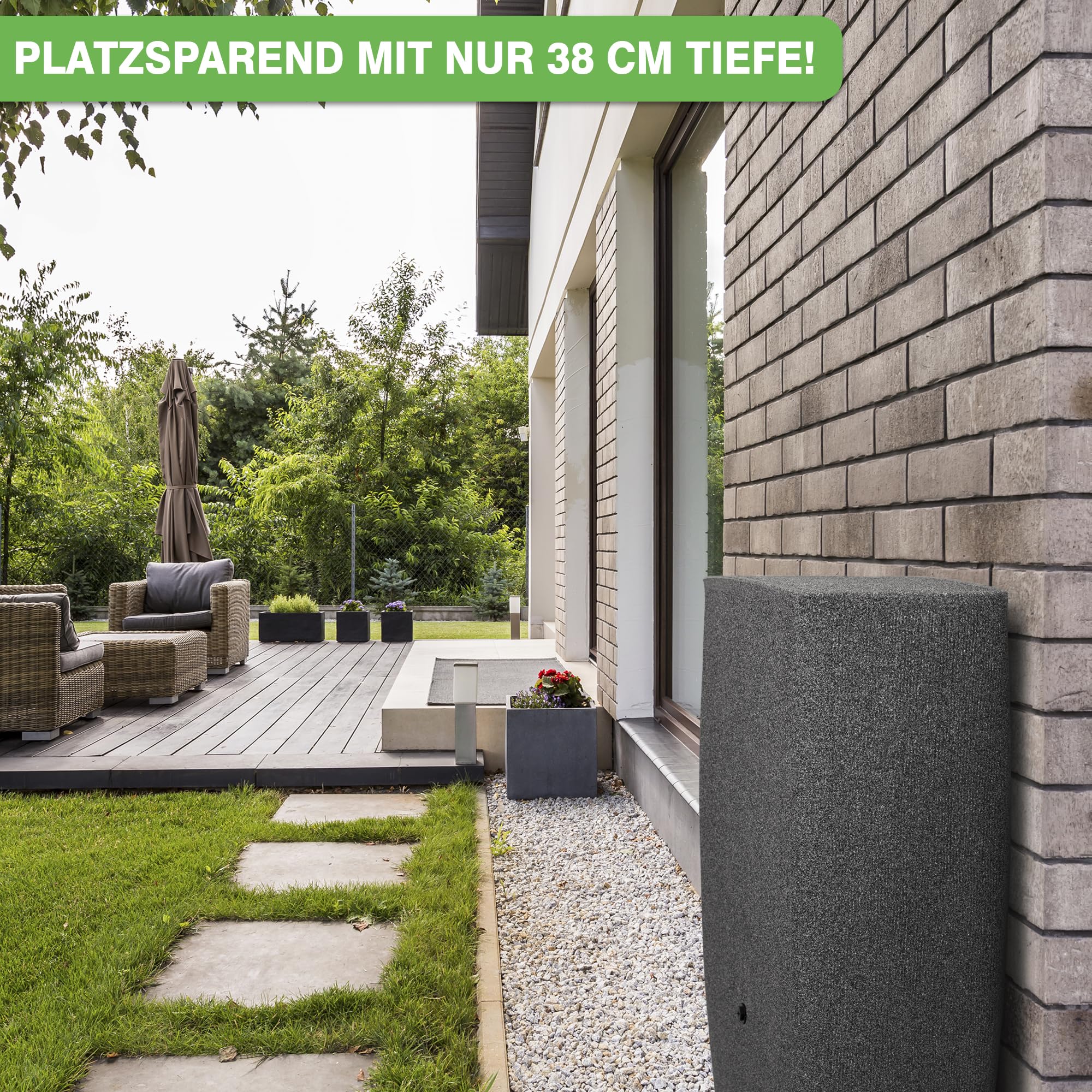 YourCasa Regentonne 270 Liter [QuadraFlow Rain] Eckig und Schmal - Metallgewinde und Deckel- Regenfass Frostsicher aus Kunststoff - Regenwassertonne - Regenwassertank Garten Wassertank Regensammler