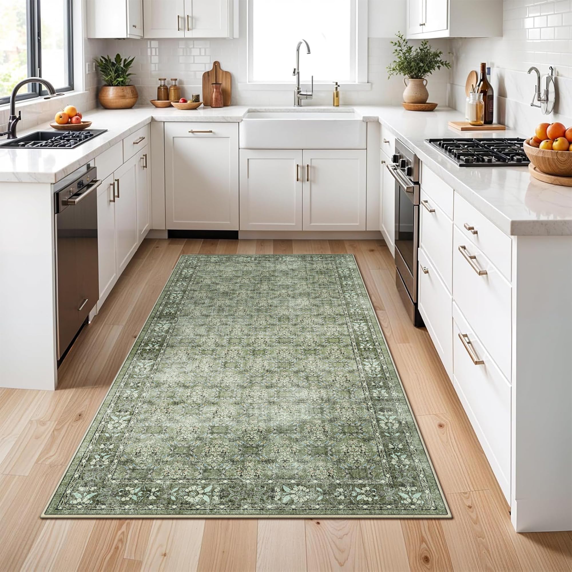 Washable 4x8 Hallway Runner Rug: Vintage Soft Carpet for Living Room Entryway Non-Slip Water Resistant Thin Kitchen Floor Mat Wide Ultra Soft Area Rug for Bedroom Bathroom Dining Room(Green,4x8)OEKO-TEX STANDARD 100