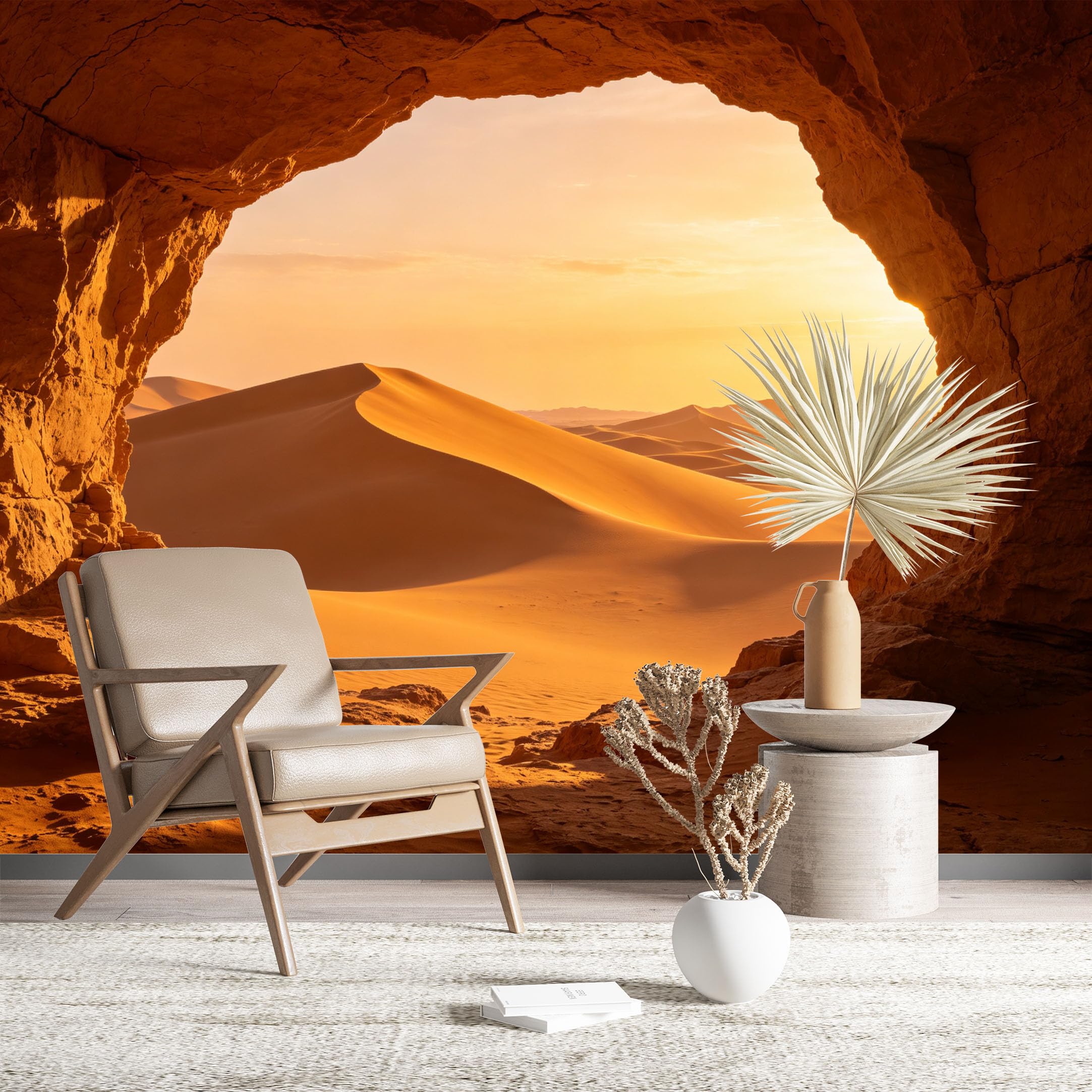 Custom Size Wall Murals Desert Sand Dunes Seen Through Cave Arch HD Self-Adhesive Wall Fabric (NO PVC) Removable Wallpaper for Living Room Bedroom