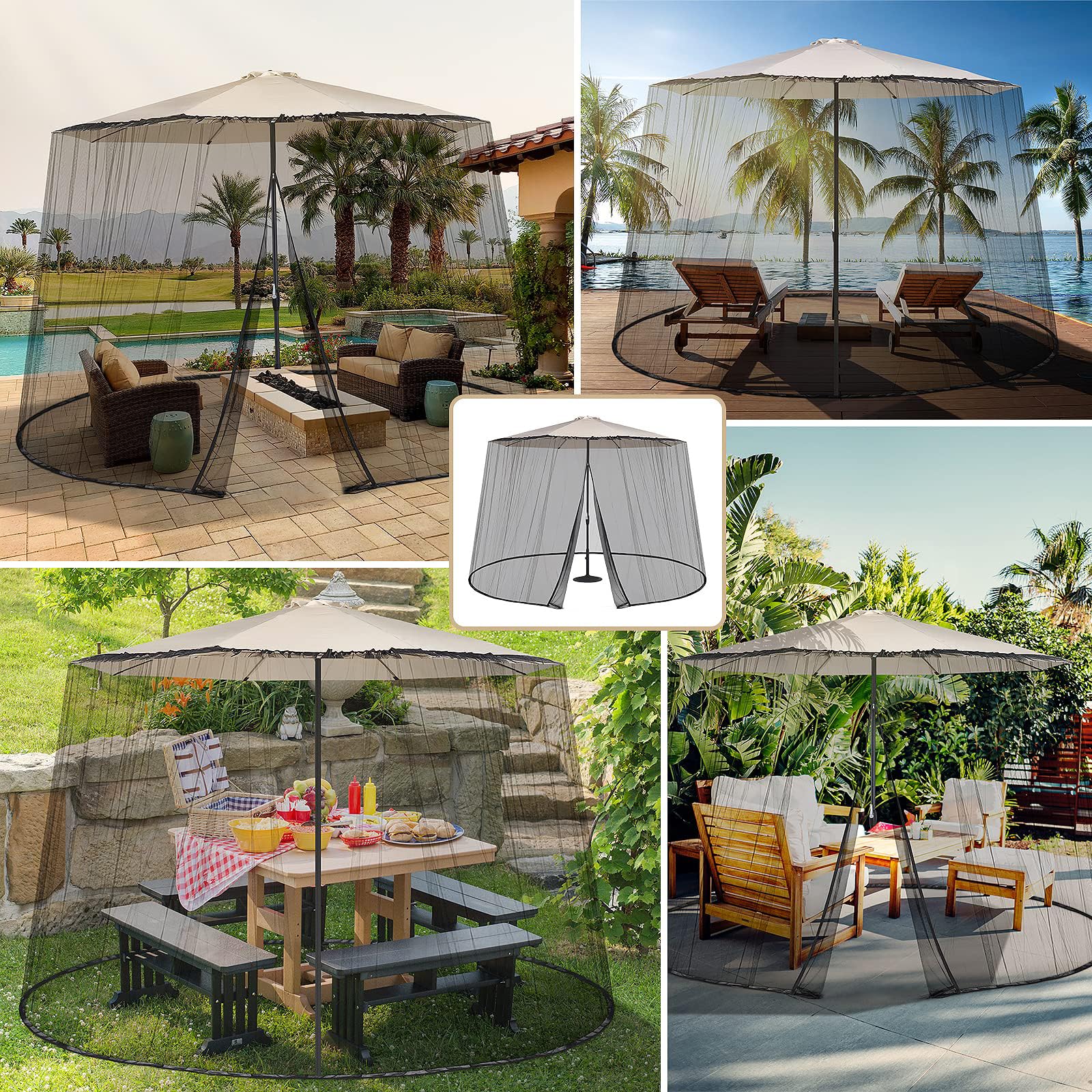 Sekey Mosquitera Ajustable para Sombrilla de 250-300 cm Patio, con Puerta Doble, 2,5 m de Altura, Negra