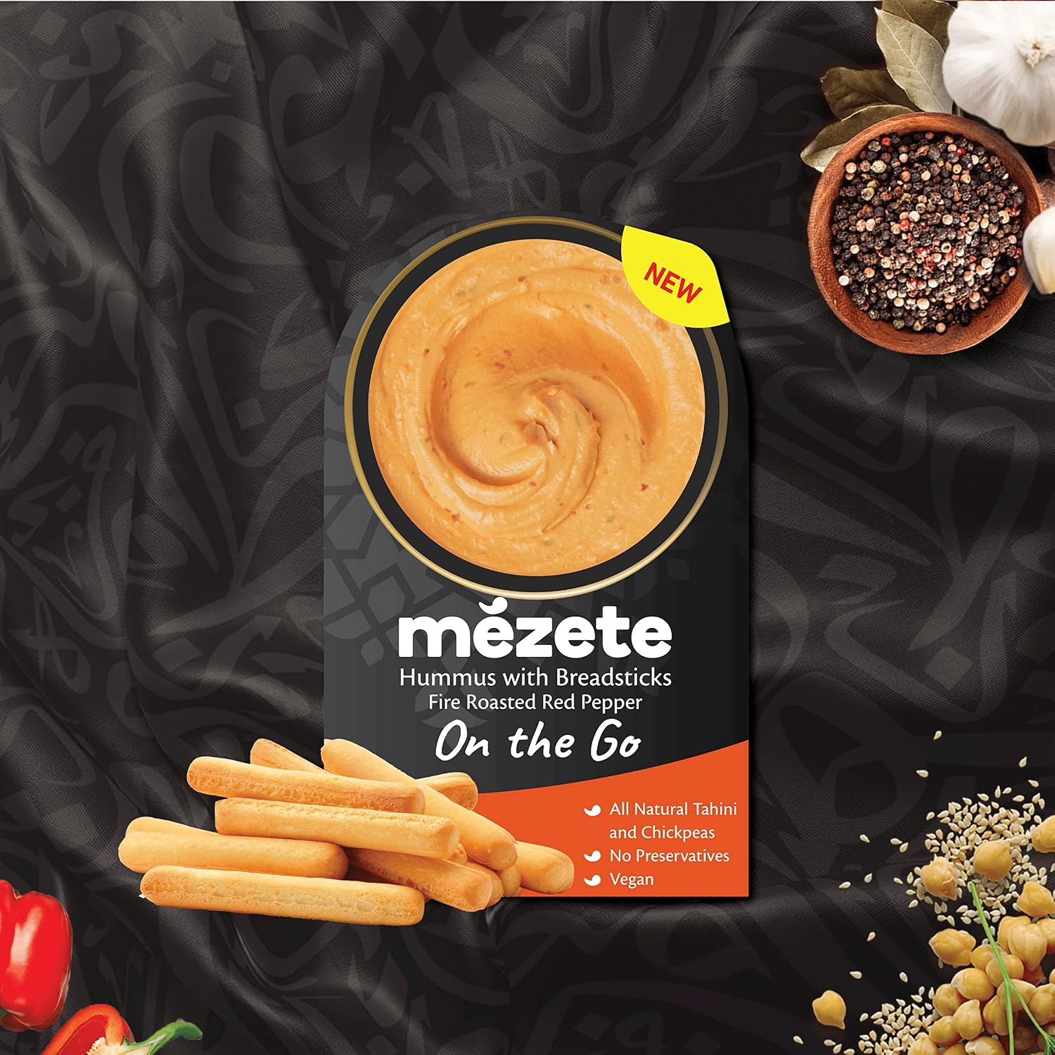 Mezete Fire Roasted Red Pepper Hummus with Bread Sticks, 100% All Natural On the Go Hummus Cups, Vegan Dip with No Preservatives, Shelf-Stable, and No Refrigeration Required, 3.2 Ounce