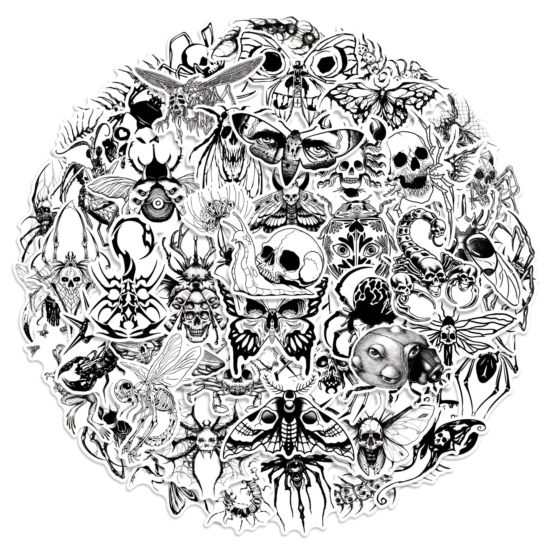 50 Pcs Gothic Insect Stickers Laptop Car Scrapbook Phone Skateboard Suitcase Luggage Bike Black and White Vinyl Waterproof Aesthetic Personalised Stickers for Teens Boys Girls Adults