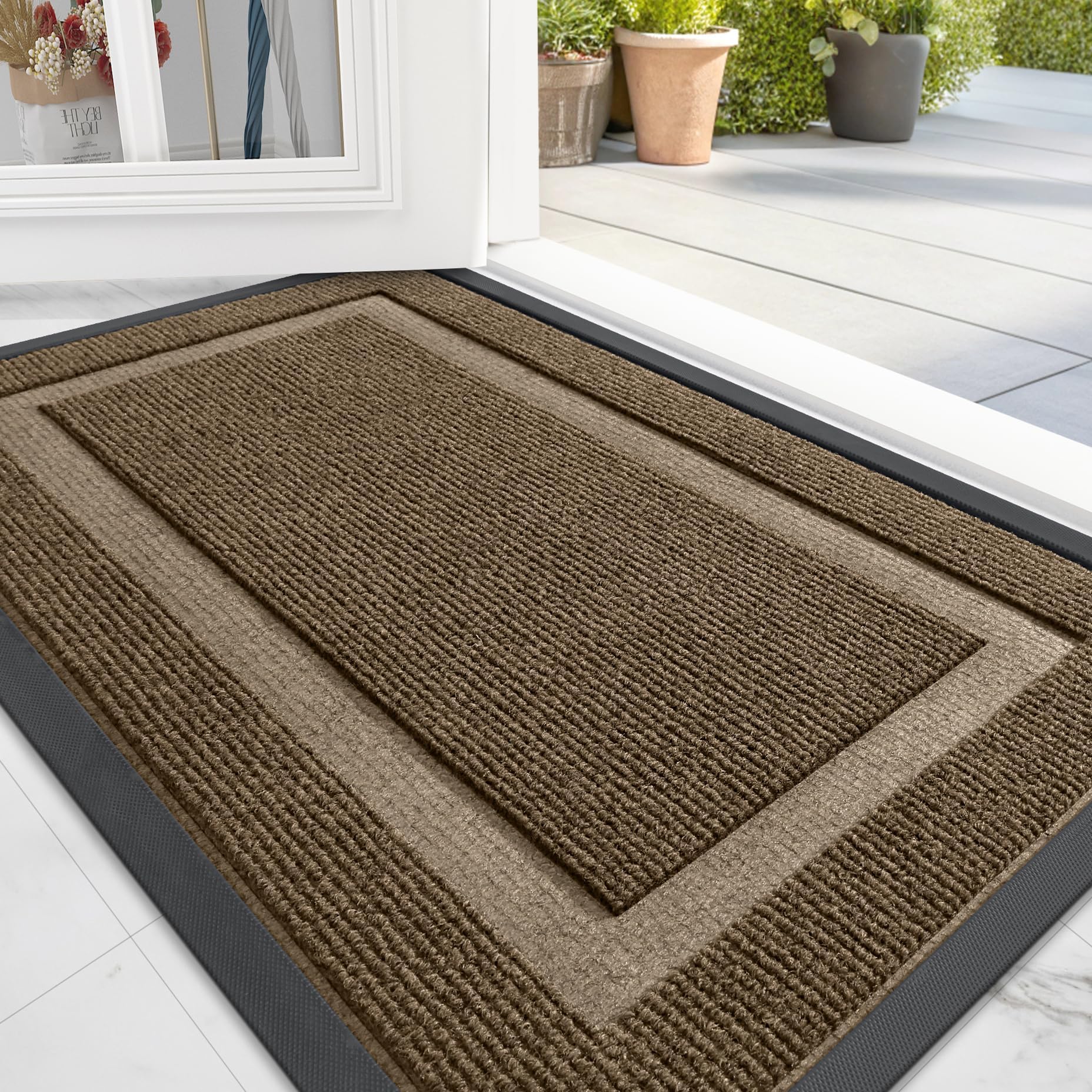 OLANLYFront Door Mat Indoor Outdoor Entrance, Waterproof All-Season, All-Weather Doormat, Sturdy Natural Rubber, Fade Resistant, Low Profile, Easy Clean Patio Porch Entryway Mat, 71x24, Brown