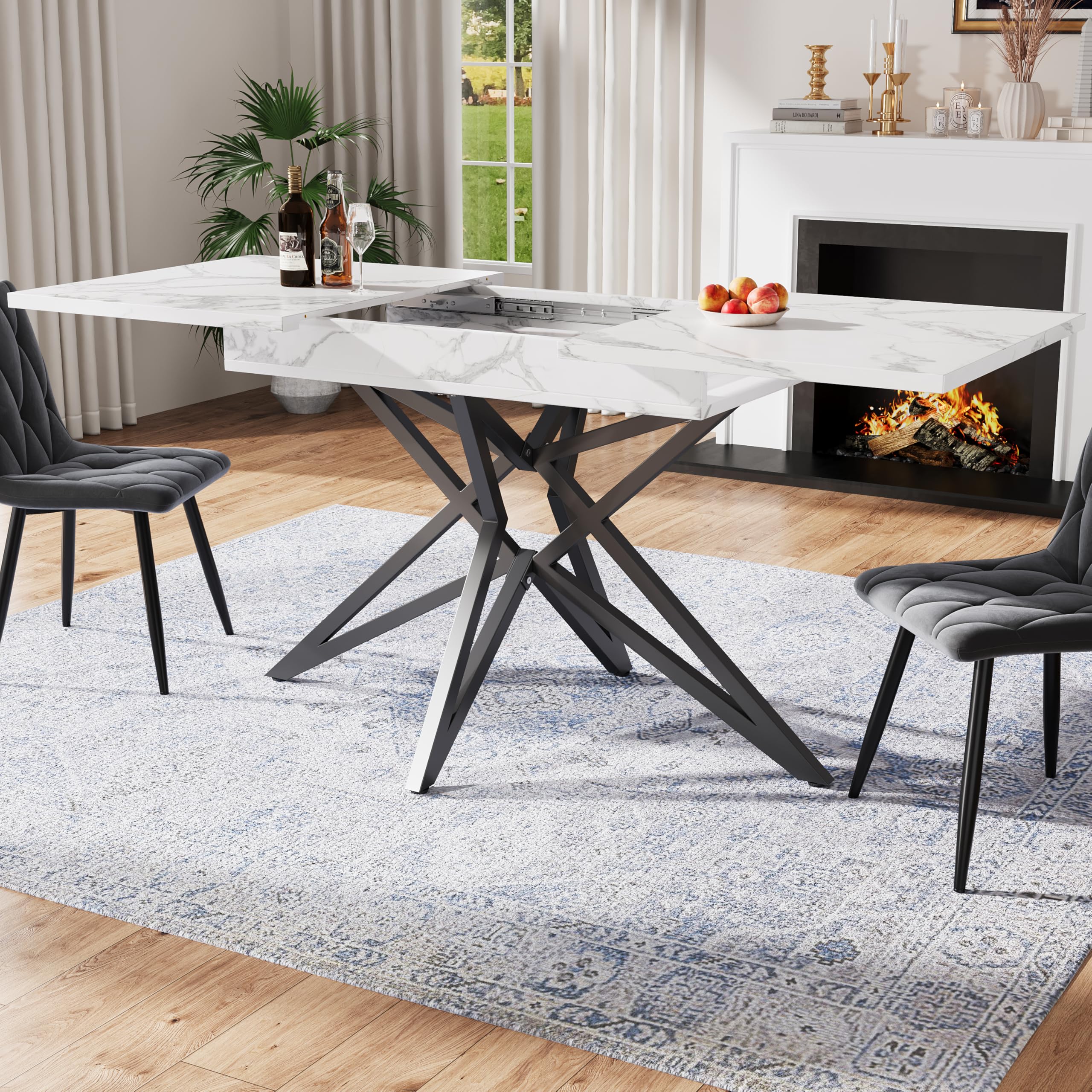 Bladez Set da pranzo allungabile con 4 sedie in velluto, tavolo da pranzo, tavolo rettangolare, 120-160 cm, tavolo in legno, moderno, per 4-6 persone, per sala da pranzo (marmo bianco)