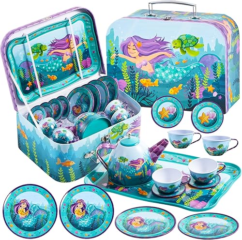 JOYIN Juego de fiesta de té de sirena para niñas pequeñas, juego de tetera de hojalata, juguete de cocina con tetera, tazas, platos, estuche de