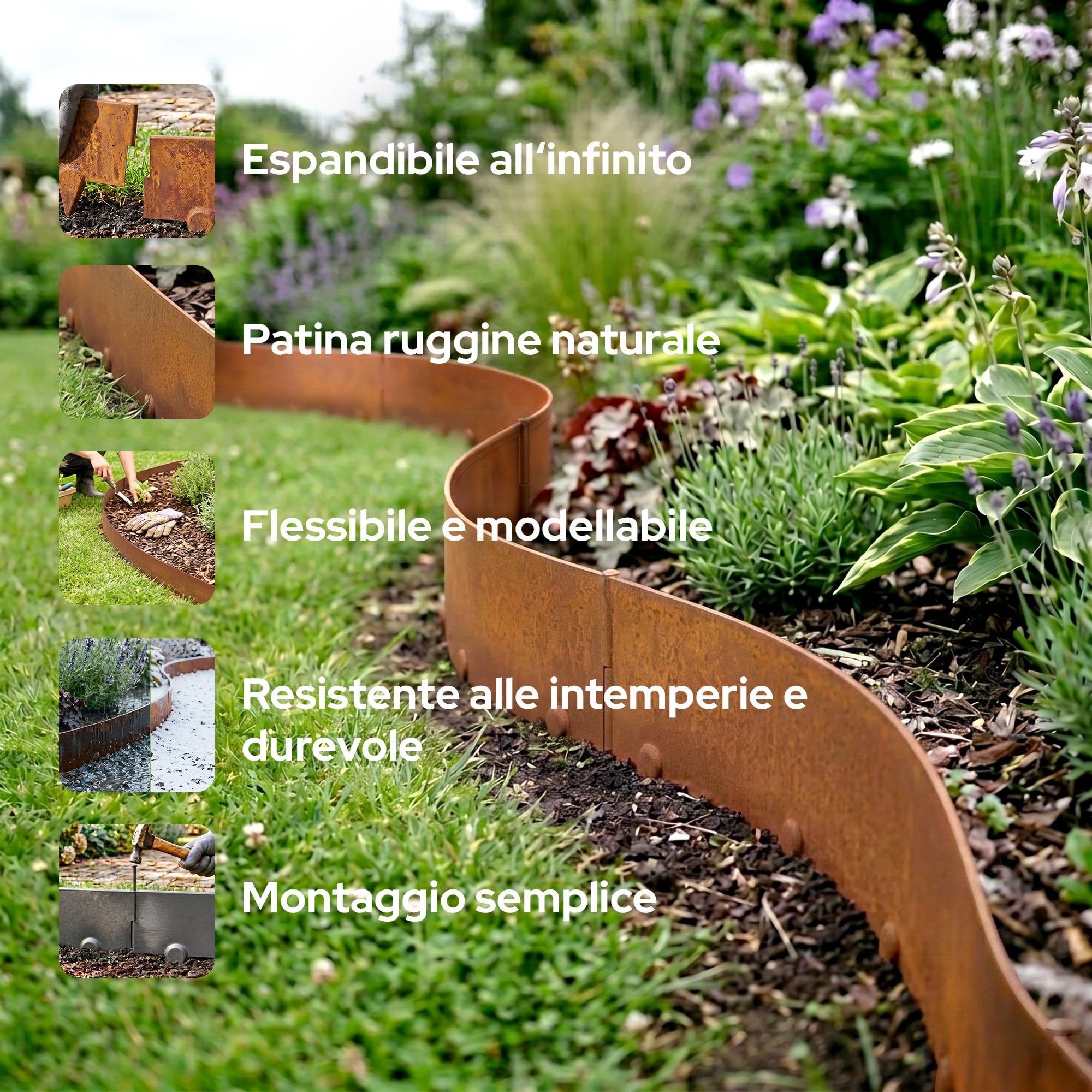 Arebos Bordura da Giardino in Acciaio Corten 15 m | Bordo Prato in Metallo & Delimitazione Aiuole | Flessibile e Modellabile | Resistente alle Intemperie