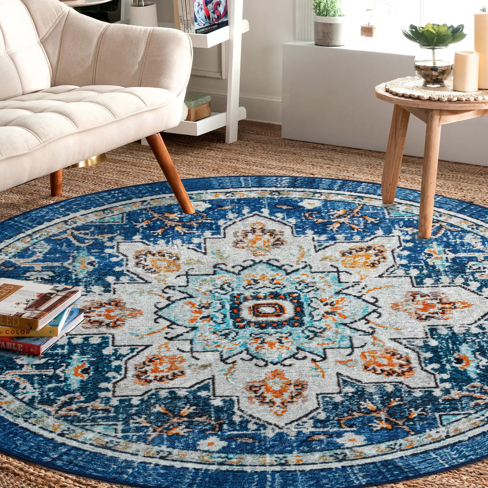 Easy-Going Round Rug 6ft Area Rug Washable Boho Circle Rugs for Living Room Non-Slip Bedroom Rug Low Pile Lightweight Tangerine Vintage Throw Rug for