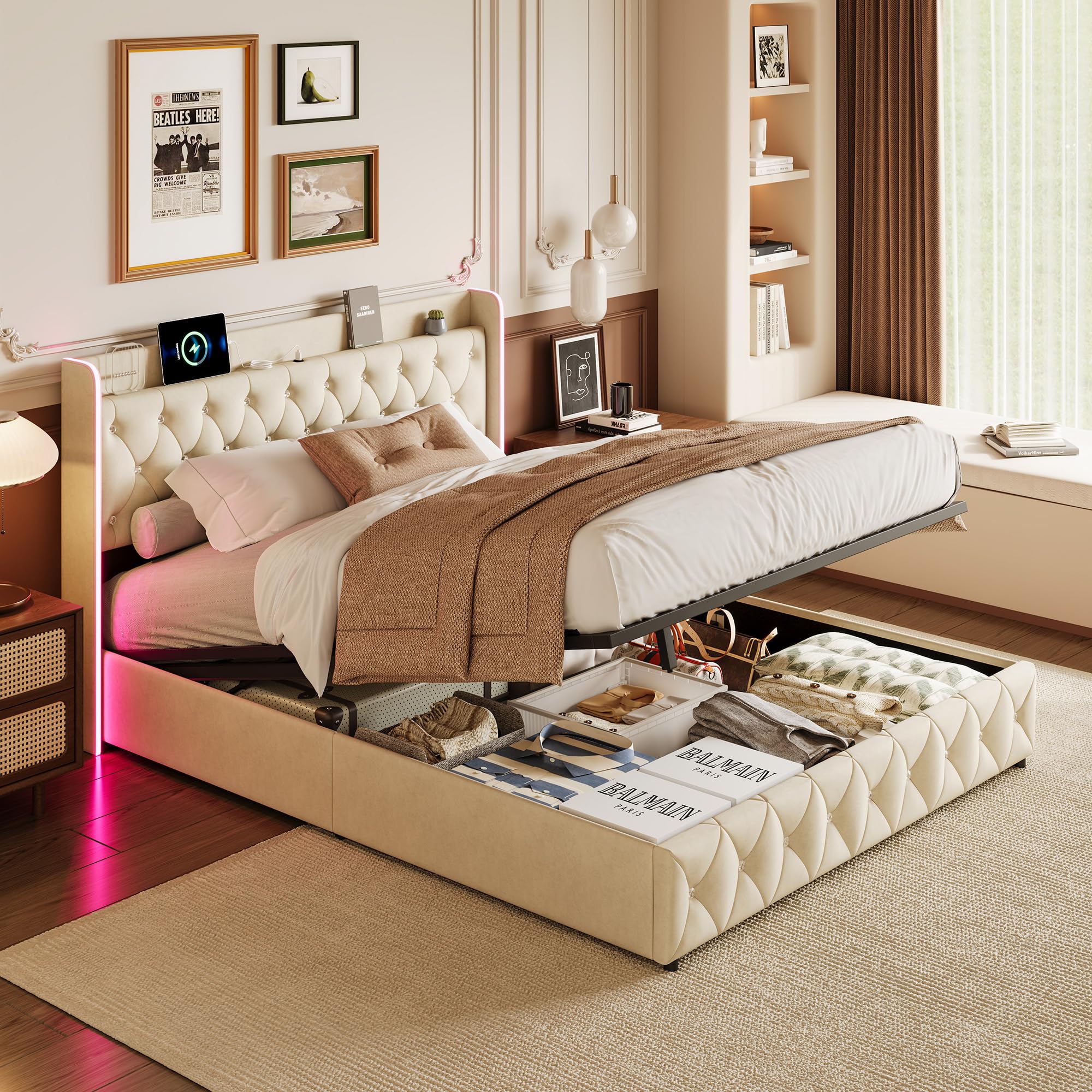 Letto matrimoniale imbottito 140 x 200 cm, letto idraulico a LED, letto matrimoniale con funzione porta di ricarica, comodino con funzione di carica, letto con vano portaoggetti (beige + flanella, 140