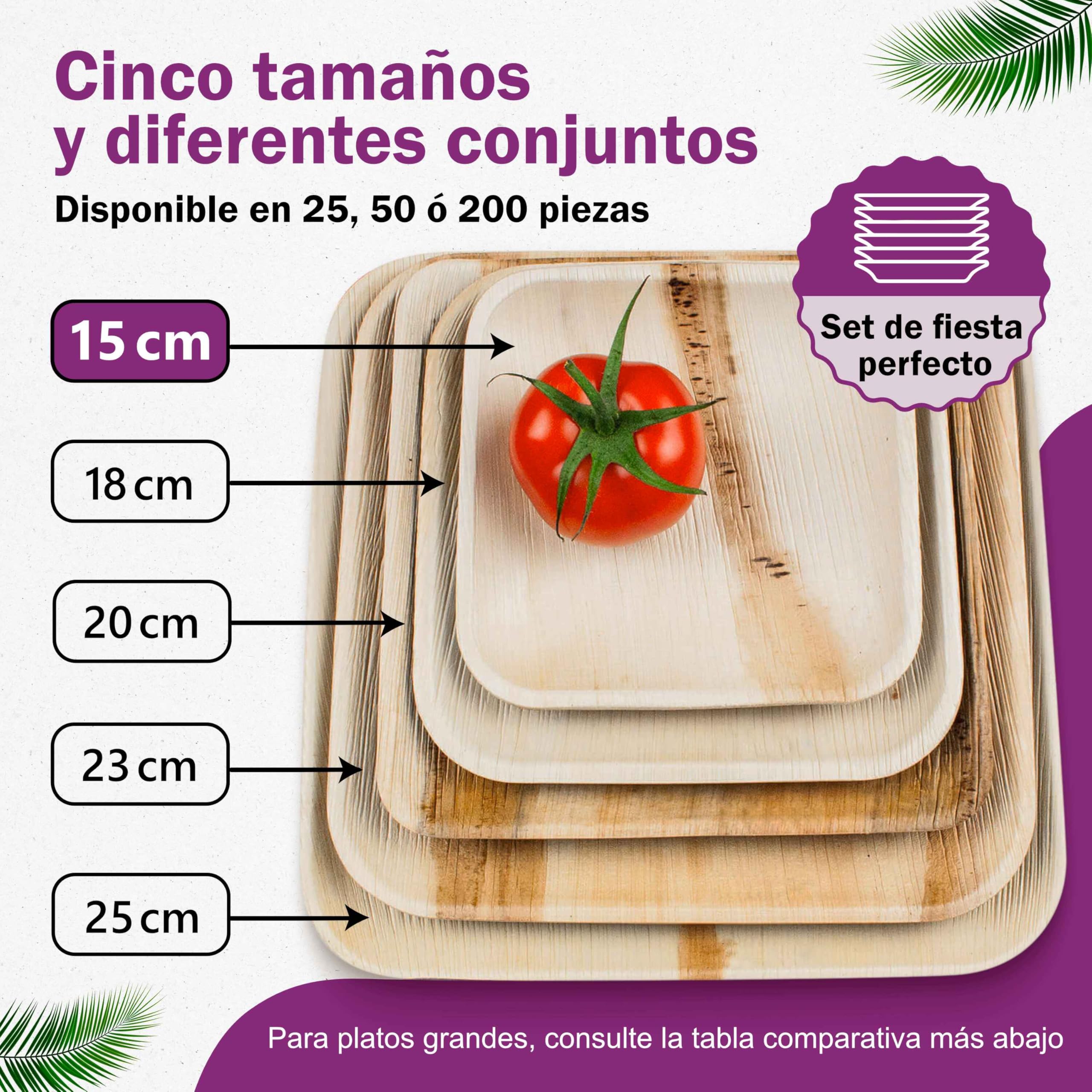 200 Platos Desechables de Hoja de Palma Ecológicos - Cuadrado Pequeño, 15x15 cm - Vajilla Orgánica - Estable, Natural y Compostable - Elegantes para Fiestas - Estilo Madera