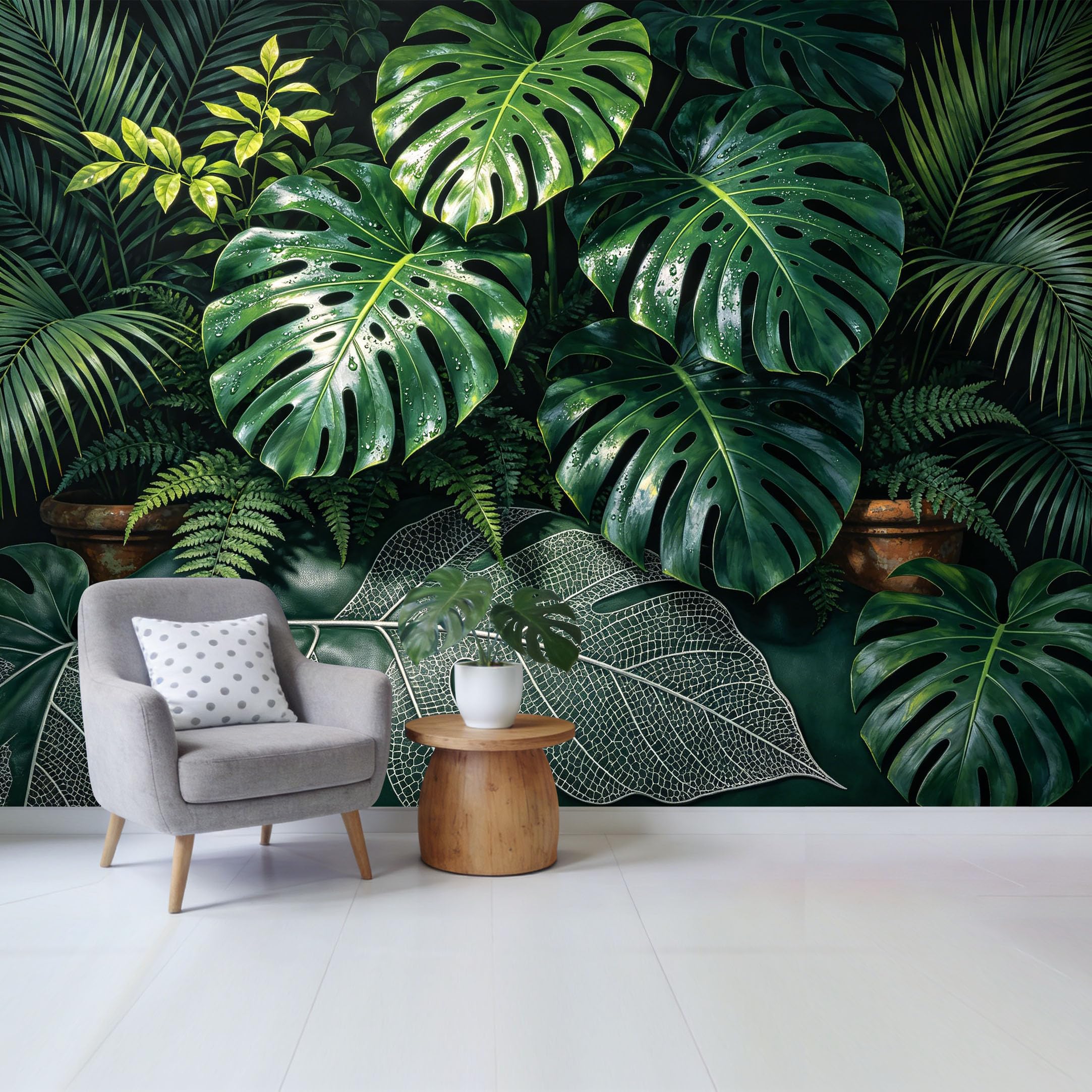 Custom Size Wall Mural， Tropical Jungle Monstera Palm Fern Leaves Removable Self Adhesive Fabric，Home Wall Decor for Living Room Bedroom Bathroom