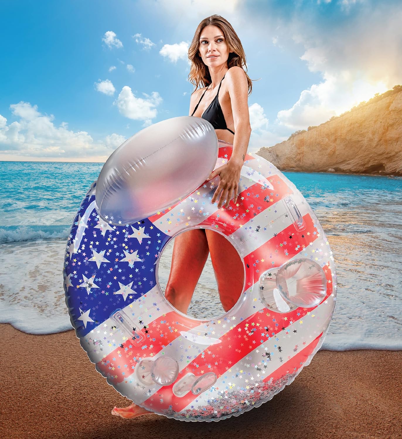 POZA Inflatable USA Pool Float - Luxurious Fun Lounger Filled with Sparkle Silver Stars Confetti, Cool USA Flag Design Water Swimming Pool Floaties for Beach, Lake & Pool