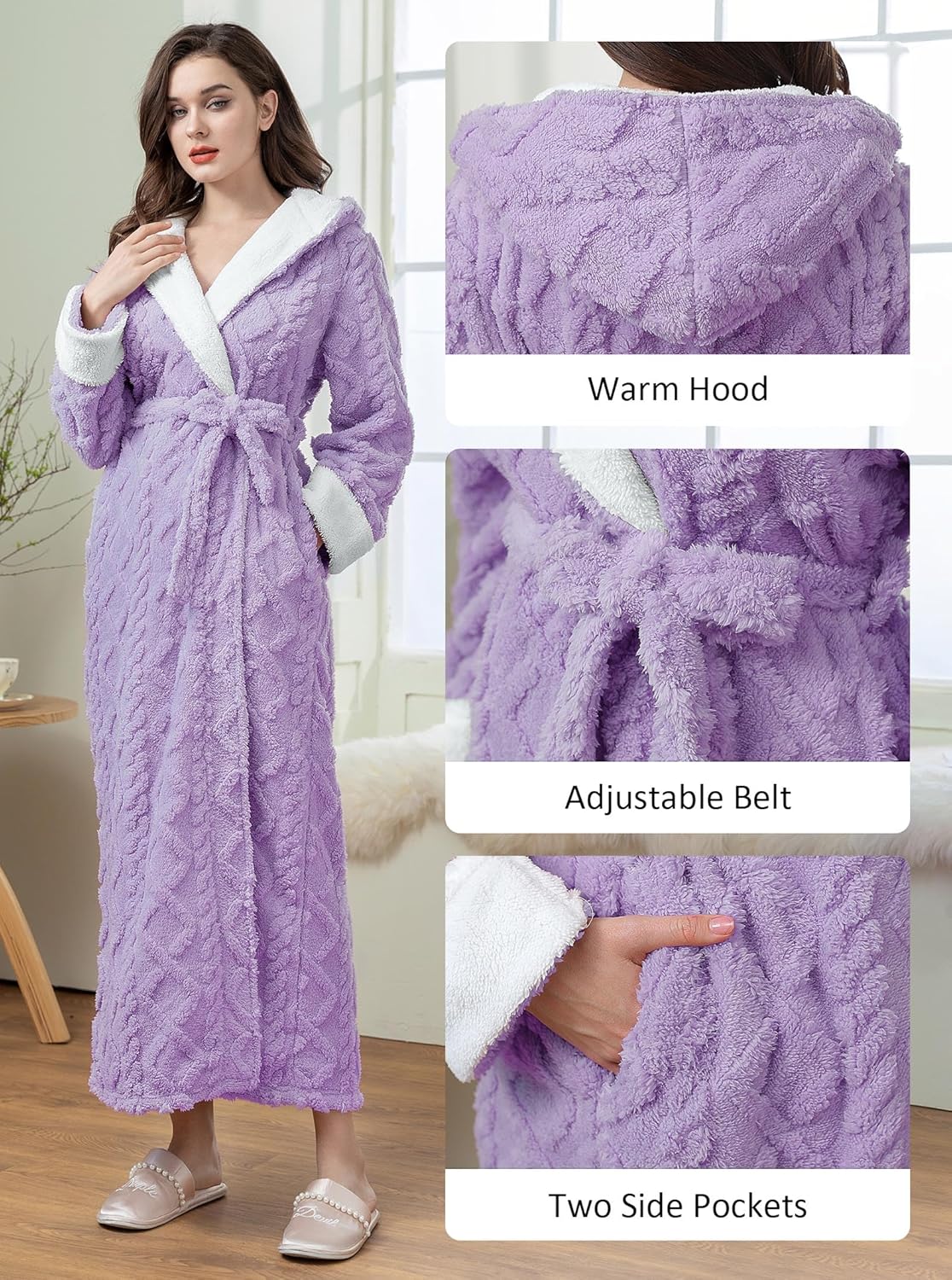 Hellomamma Women Fluffy Robes With Hood: Floor Length Long Fleece Winter Bathrobes Ladies Hooded Housecoat for Spa Shower - Image 3