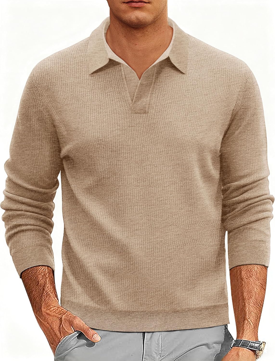 Cotrasen Mens Pullover Sweater Collared Long Sleeve Textured Casual Lightweight V Neck Ribbed Knit Polo Sweater