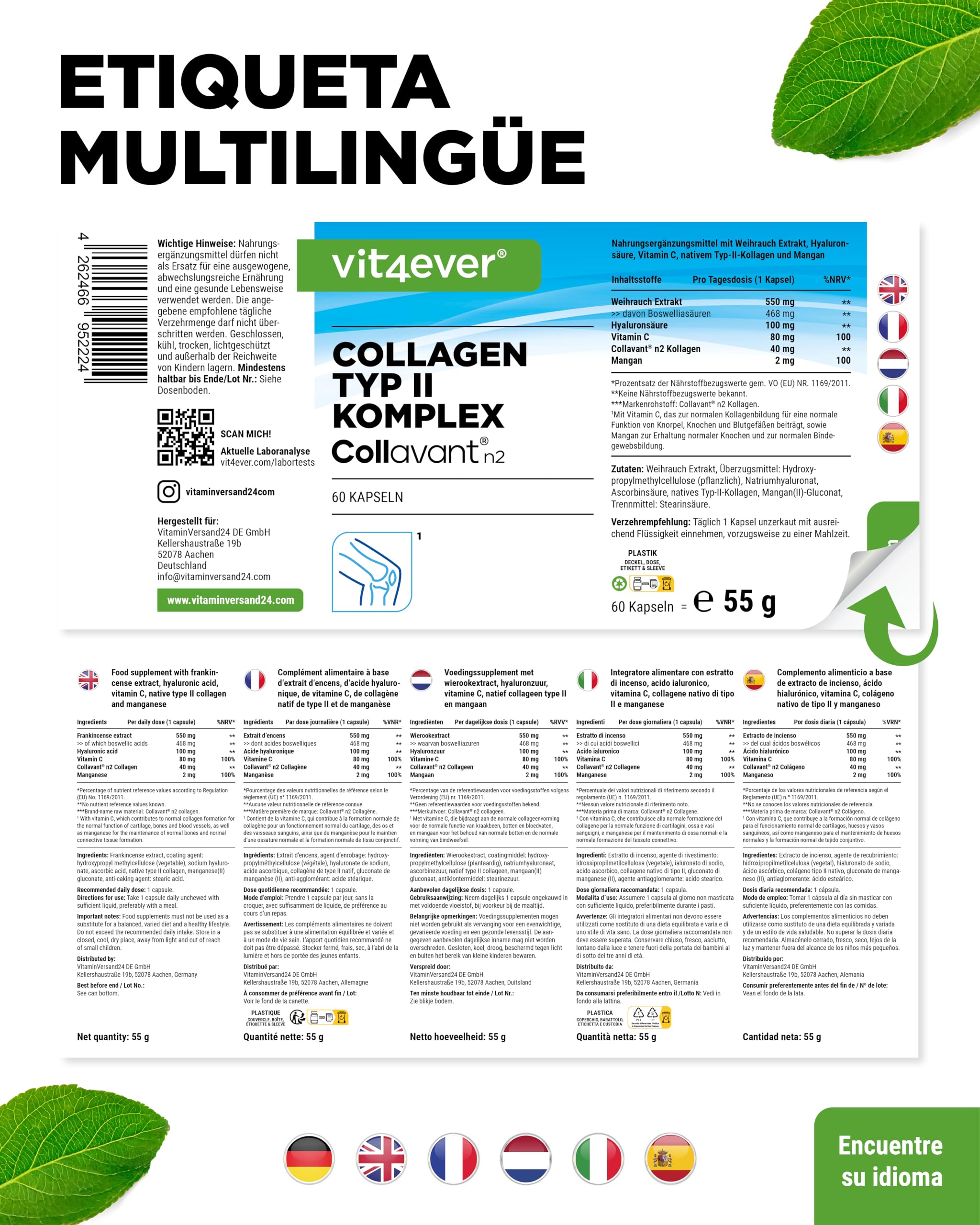 Complejo de colágeno tipo II – con colágeno nativo Collavant n2®, extracto de incienso, ácido hialurónico, vitamina C, manganeso para huesos, cartílago y articulaciones