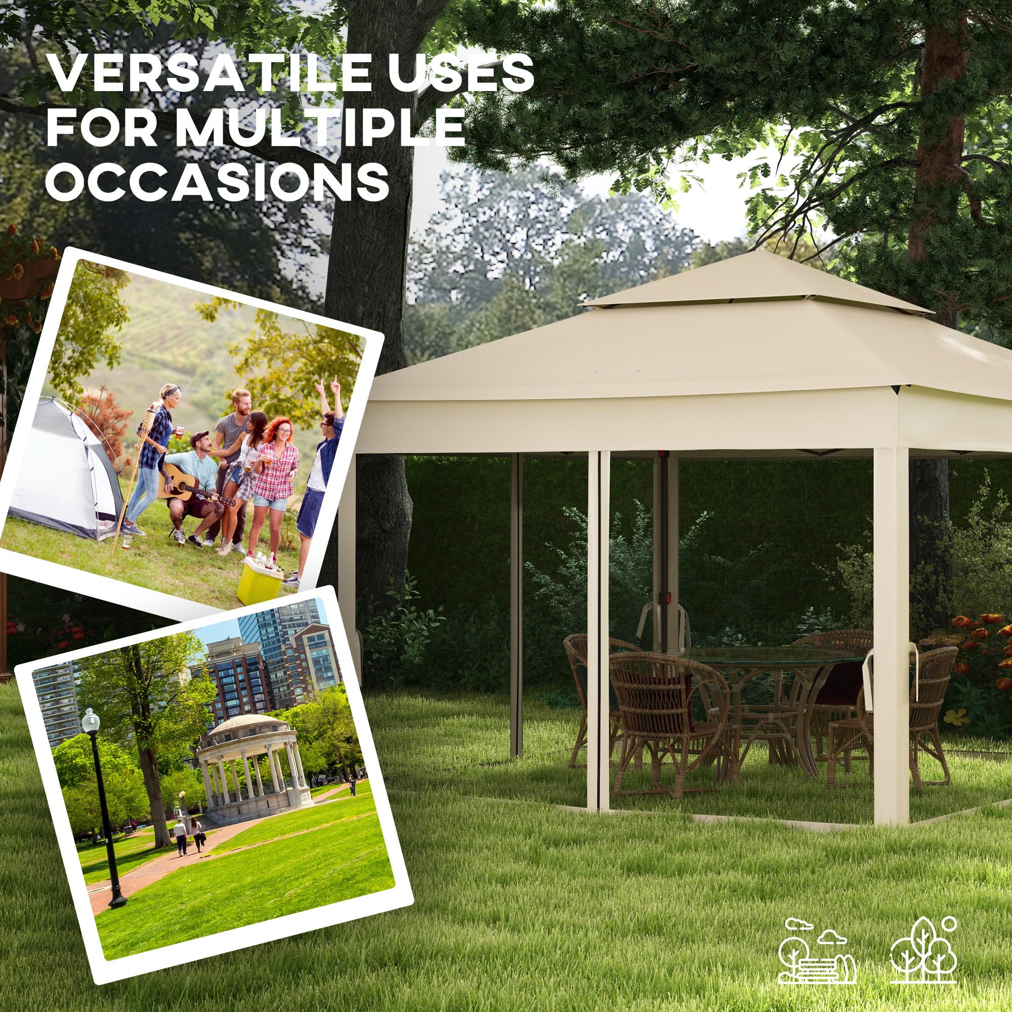 Outsunny Gazebo da giardino pieghevole pop-up Barum, 3 x 3 m, poliestere metallico, protezione UV impermeabile, zanzariera + borsa di trasporto, crema