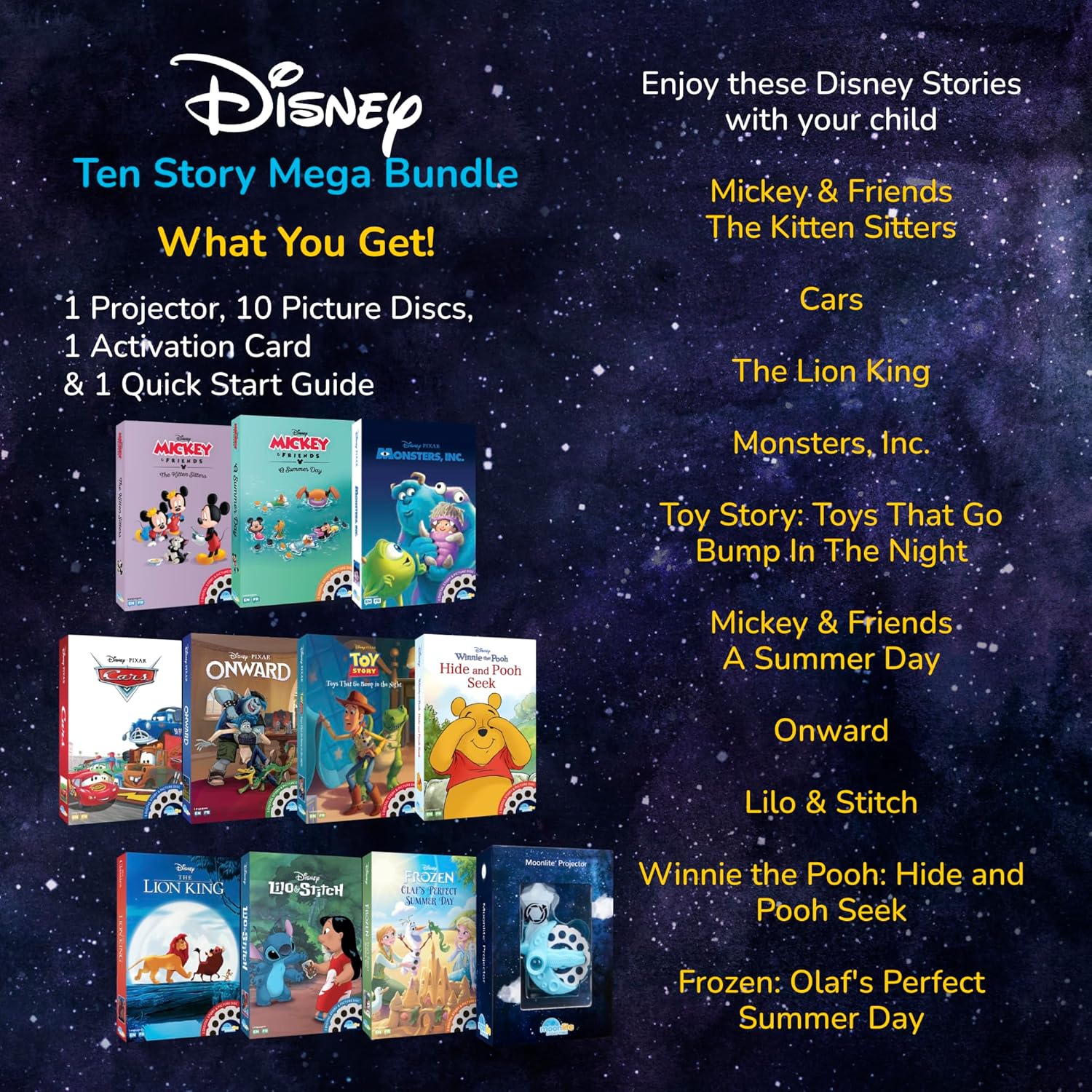Moonlite Disney 10-Story Mega Bundle with the Moonlite Projector & 10 Single Stories Including Disney Classics, Frozen, Winnie the Pooh, Mickey & Friends & Pixar Favorites for Ages 1-6