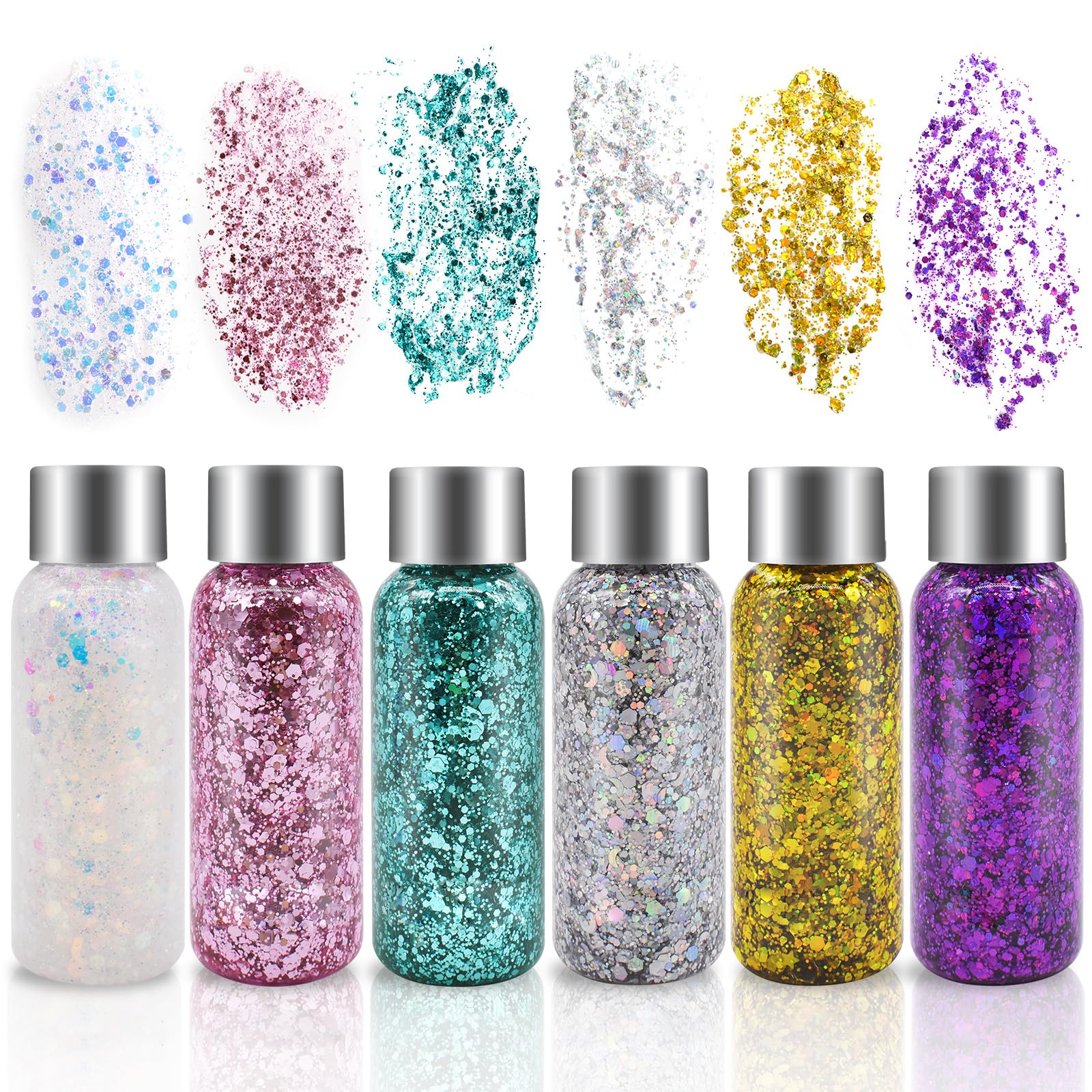 6 Bottiglia Glitter Body Gel,Brillantini Make Up,Gel Glitterato Viso con Lustrini,per Viso,Unghie,Occhi,Labbra,Capelli,Corpo,per Musica,Festival,Feste in Maschera(Bianco/Oro/Argento/Rosa/Verde/Viola)