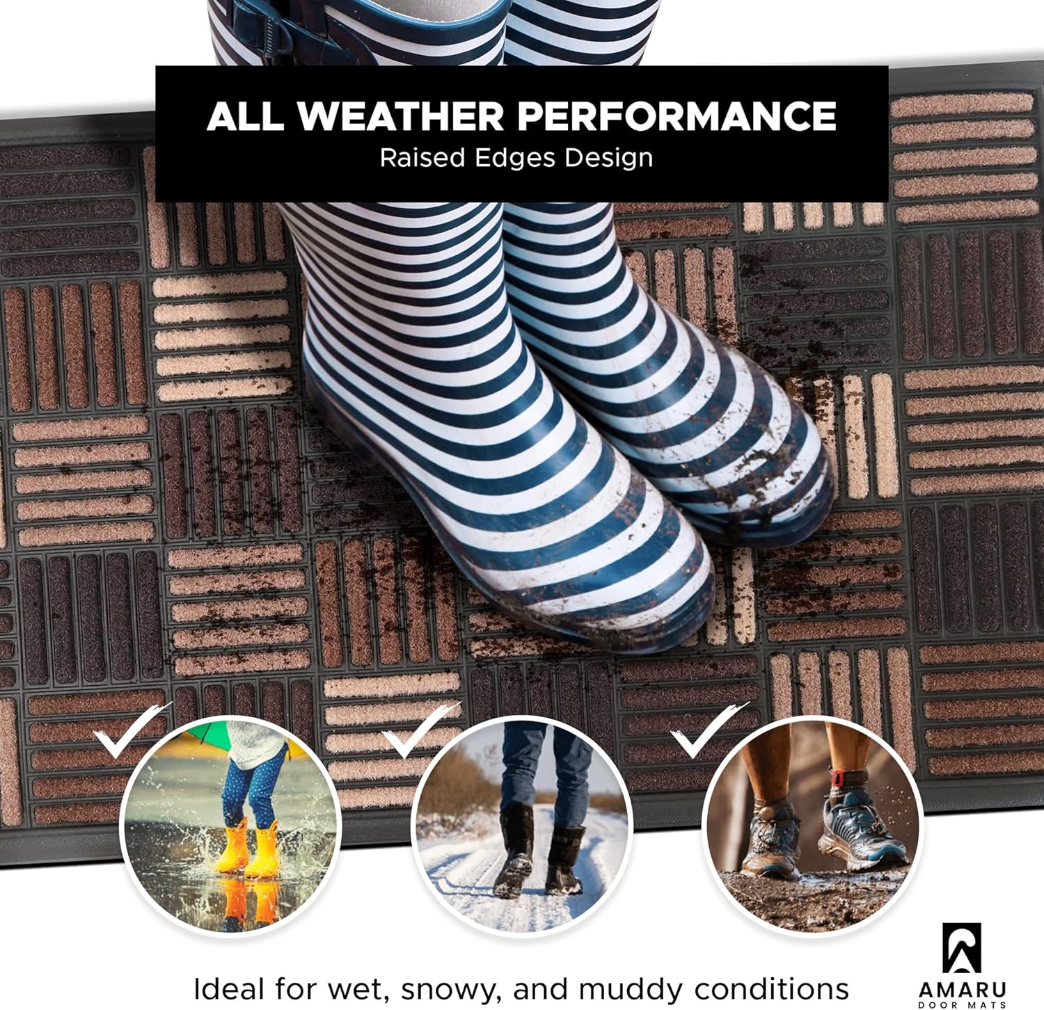 Extra Durable, Superior Absorption, Front Door Mat for Outdoor & Indoor - Welcome Mat for Entryway, Entrance, Patio, Porch - Waterproof, Non-Slip Backing, Coarse Fibers (Squares Brown,18x30)