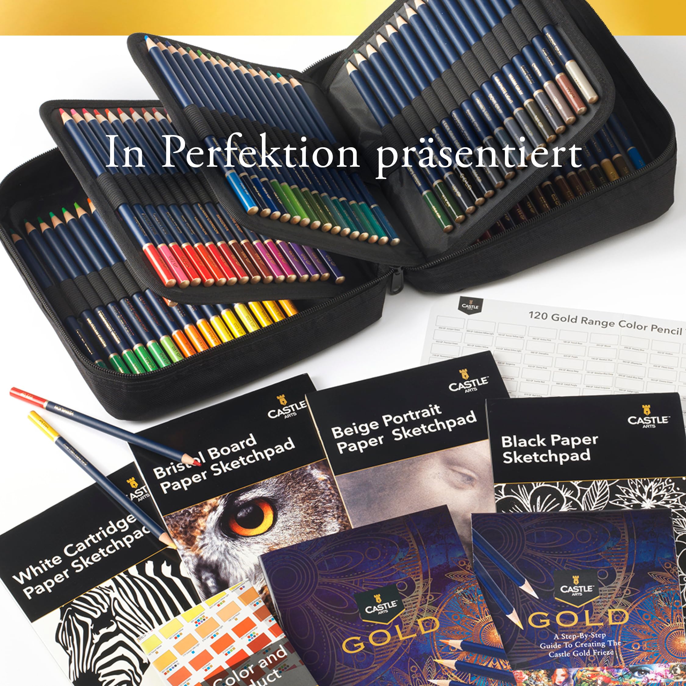 Castle Art Supplies Castle Art Supplies Gold Standard 120 Colouring Pencils Set with Extras | High-Quality Oil-Based Paint Cores, Sharpener, More Resistant to Breakage | For Experienced Artists, Colour Artists | Zip Case in use