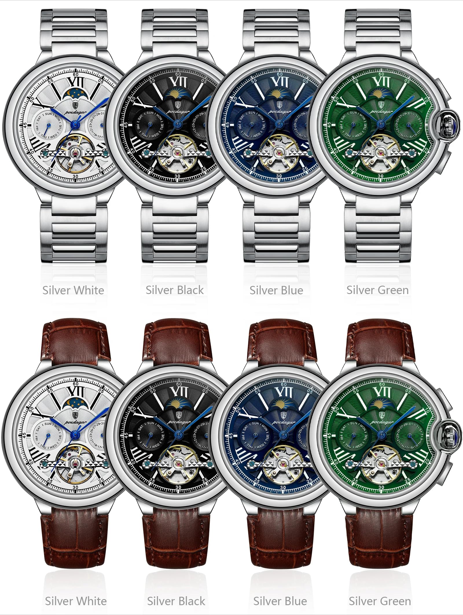Poedagar Modische automatische mechanische Herrenuhr Datum Woche wasserdichte Herrenuhr Tourbillon Edelstahlband Lederband Business Herrenuhren