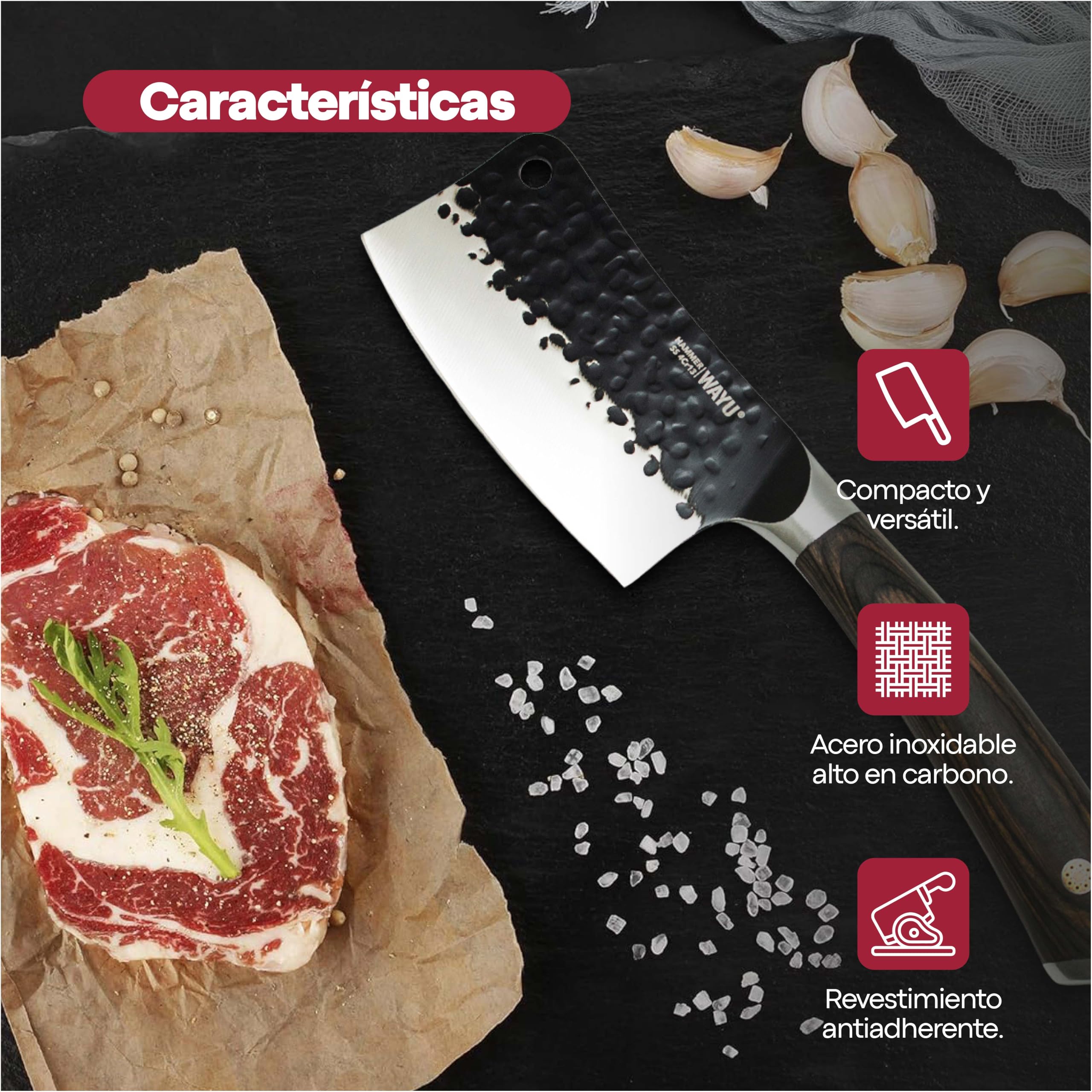 WAYU - Cuchillo Cleveland- Cuchillo Multiuso Compacto, de 20 cm. Permite cortes precisos y seguros. Cuchillo de tamaño Pequeño en forma de hacha para cortes de carne, frutas y verduras. Knife.