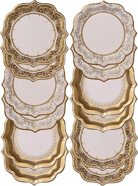 Pack of 12 Gold Vintage Porcelain Style Medium Paper Plates - 3 Designs - Unique, Glamorous, Elegant, Disposable Tableware - For Christmas Table, Birthday Party, Weddings, Anniversary, NYE