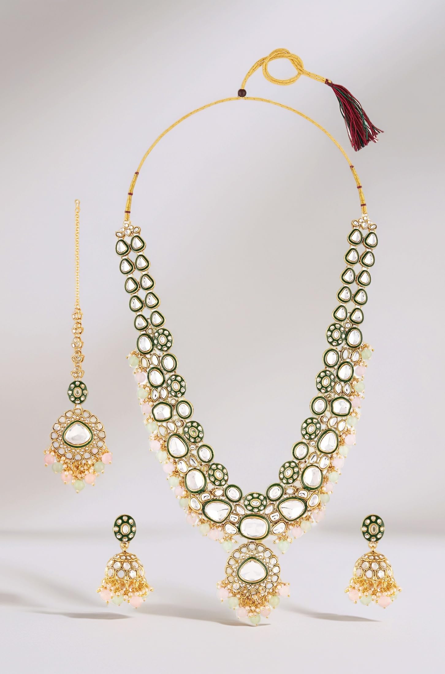 ZAVERI PEARLS Pink Green Beads Dazzling Stones Meenakari Bridal Long Necklace Earring & Maangtikka Set For Women-ZPFK18099