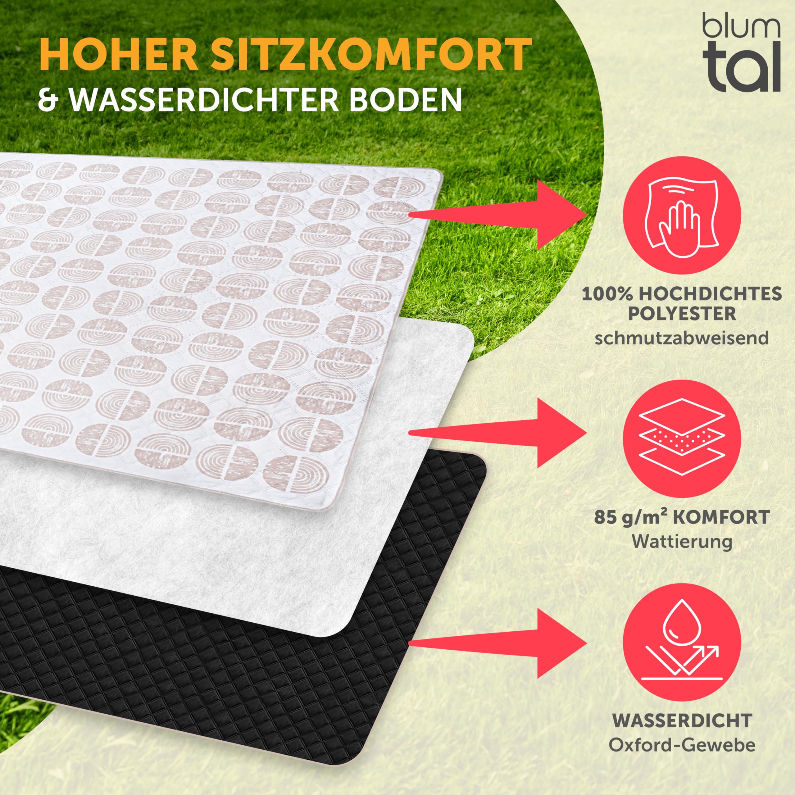 Blumtal Premium Picknickdecke wasserabweisend 200x200 cm Boho & TERRAZZO Design - waschbare Stranddecke sandfrei + weiche Zwischenfüllung - Outdoor Decke aus Oxford-Gewebe - Camping Decke bunt Boho