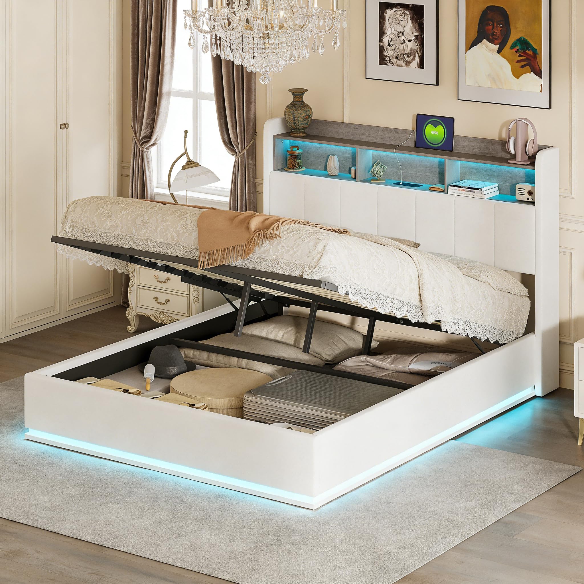 Letto Imbottito 160 x 200 cm, Letto Matrimoniale con Contenitore, letto una Piazza e Mezza, con LED e Ricarica USB, Letti con Rete a Doghe, Testiera con Vano Portaoggetti, Velluto, Bianco