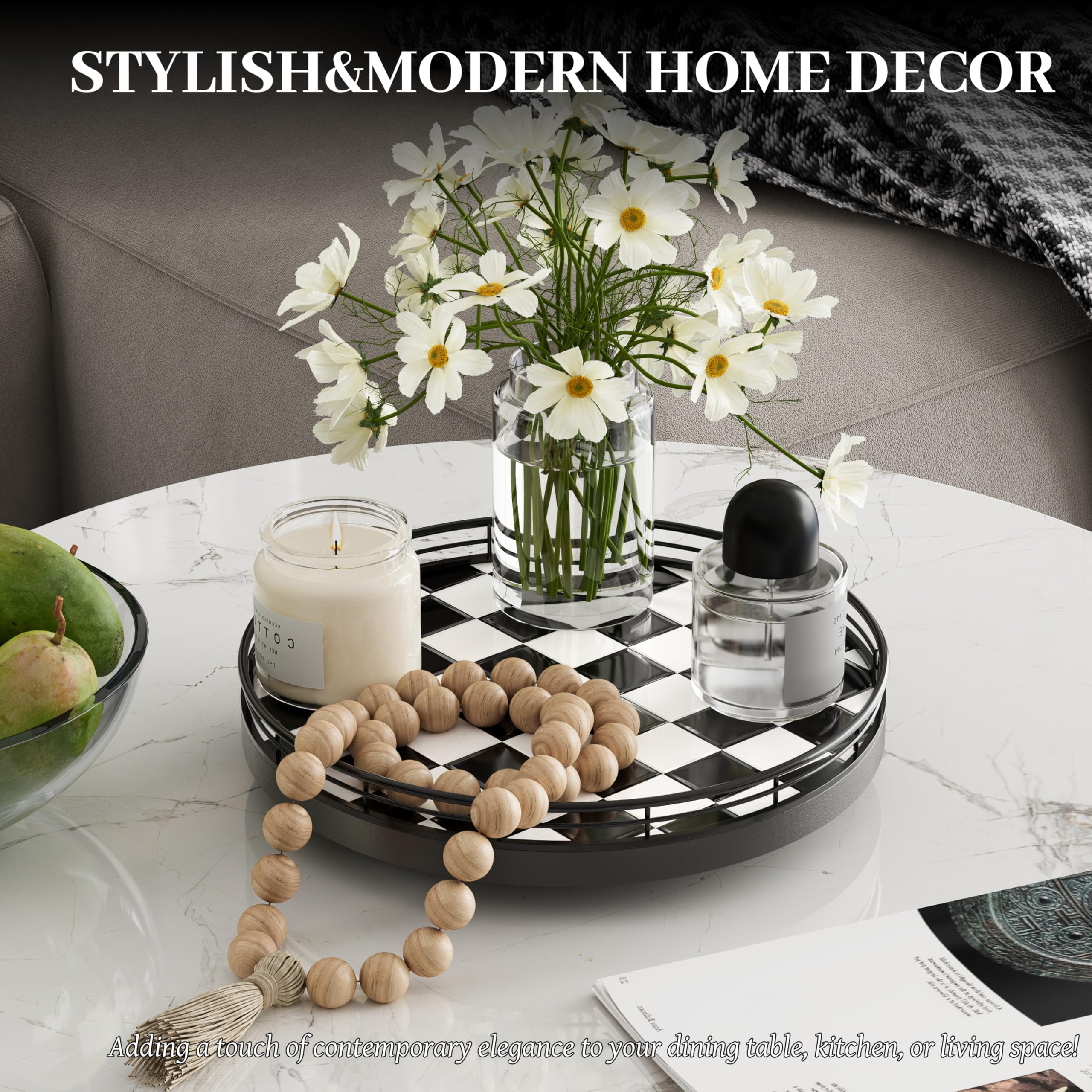 Organizador Lazy Susan de 10.2 pulgadas de tablero de ajedrez blanco y negro, bandeja giratoria con base de roble, marco de hierro y azulejos de cerámica, perfecto para mesa de comedor, armario de 2