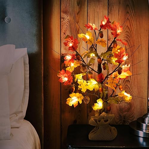 Miniatura 2 de ZSGrowth Paquete de 2 arces de roble iluminado de 24 pulgadas, decoración de otoño, luz LED artificial alimentada por pilas para otoño, Acción de