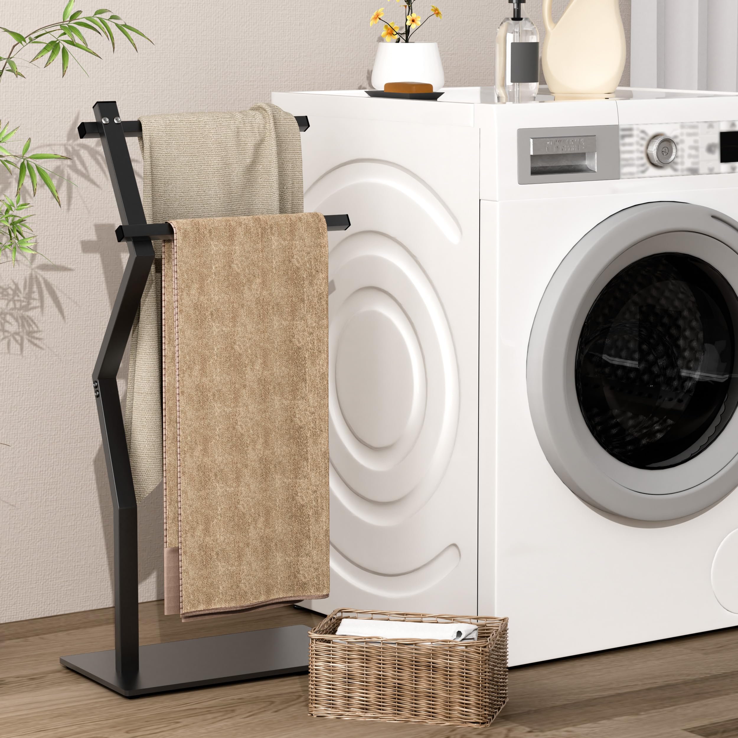 OUTBROS Portasciugamani da bagno autoportante, portasciugamani a 2 bracci, scaffale per asciugatura ed esposizione con ripiano, porta asciugamani per soggiorno, 40 x 20 x 80 cm, nero