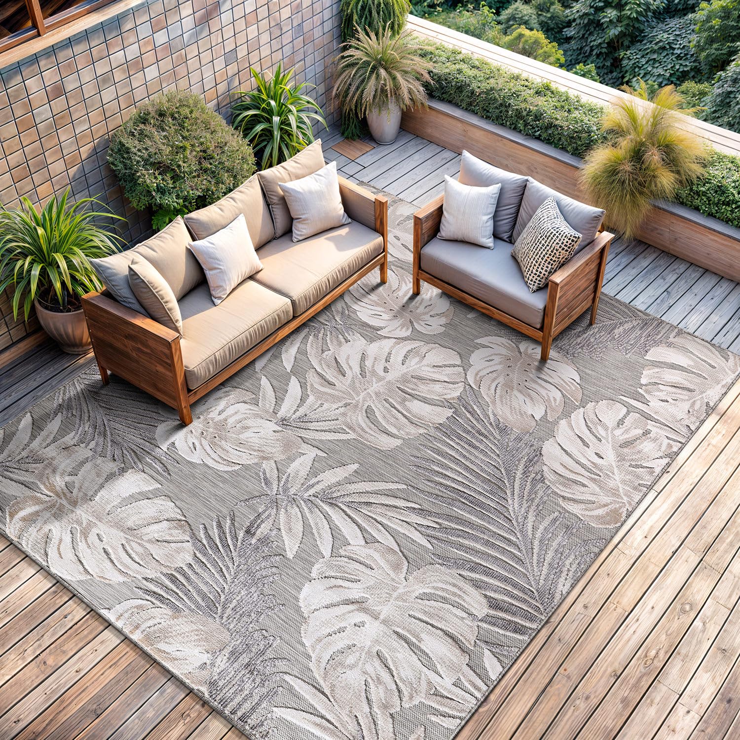 CAMILSON Indoor Outdoor Rug Beige 6x9 Tropical Leaf