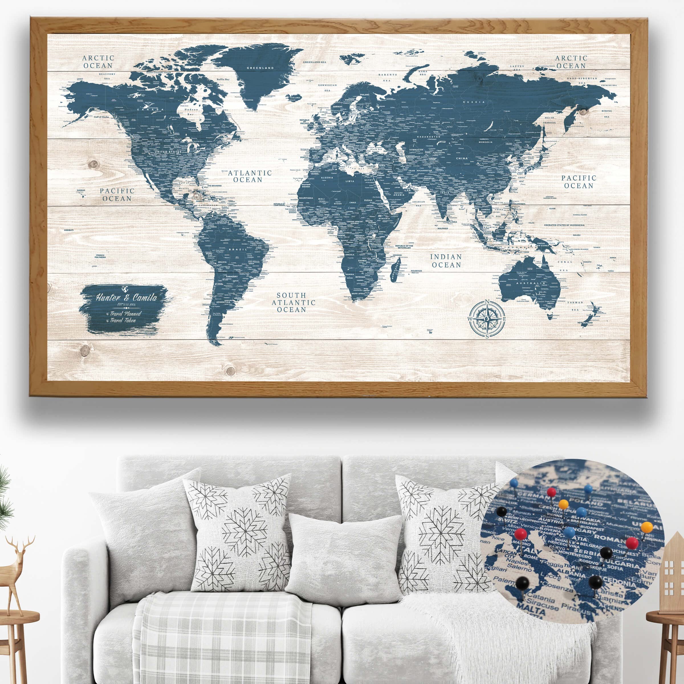 Mapa del mundo rústico personalizado, mapa del mundo canvas art bay con pines, mapa del mundo grande para pared, impresión detallada del mapa del mundo, lienzo enmarcado de mapa del mundo, regalo de
