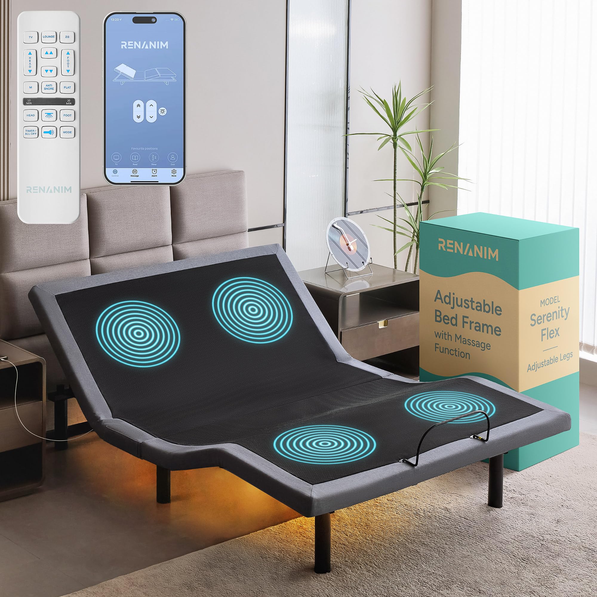 Renanim SFE Adjustable Bed with Massage, Full Adjustable Bed Frame - USB, UnderBed Light, Wireless Remote