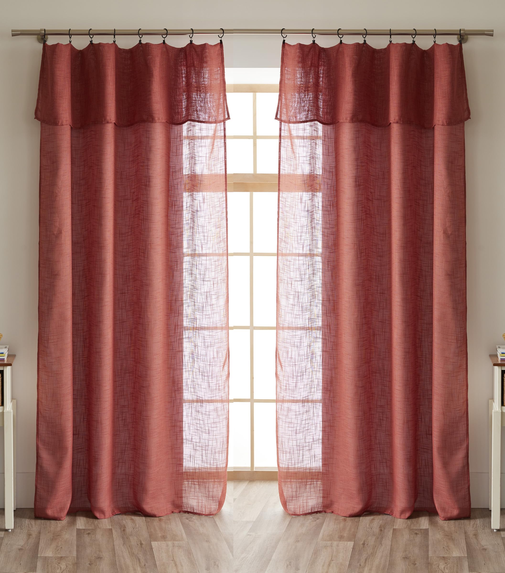 Lot de 2 voilages Ajustables + 8 Anneaux Pince 140 x 270 cm Polyester Effet Lin Nia Le Fil d'Ariane (Terracotta)