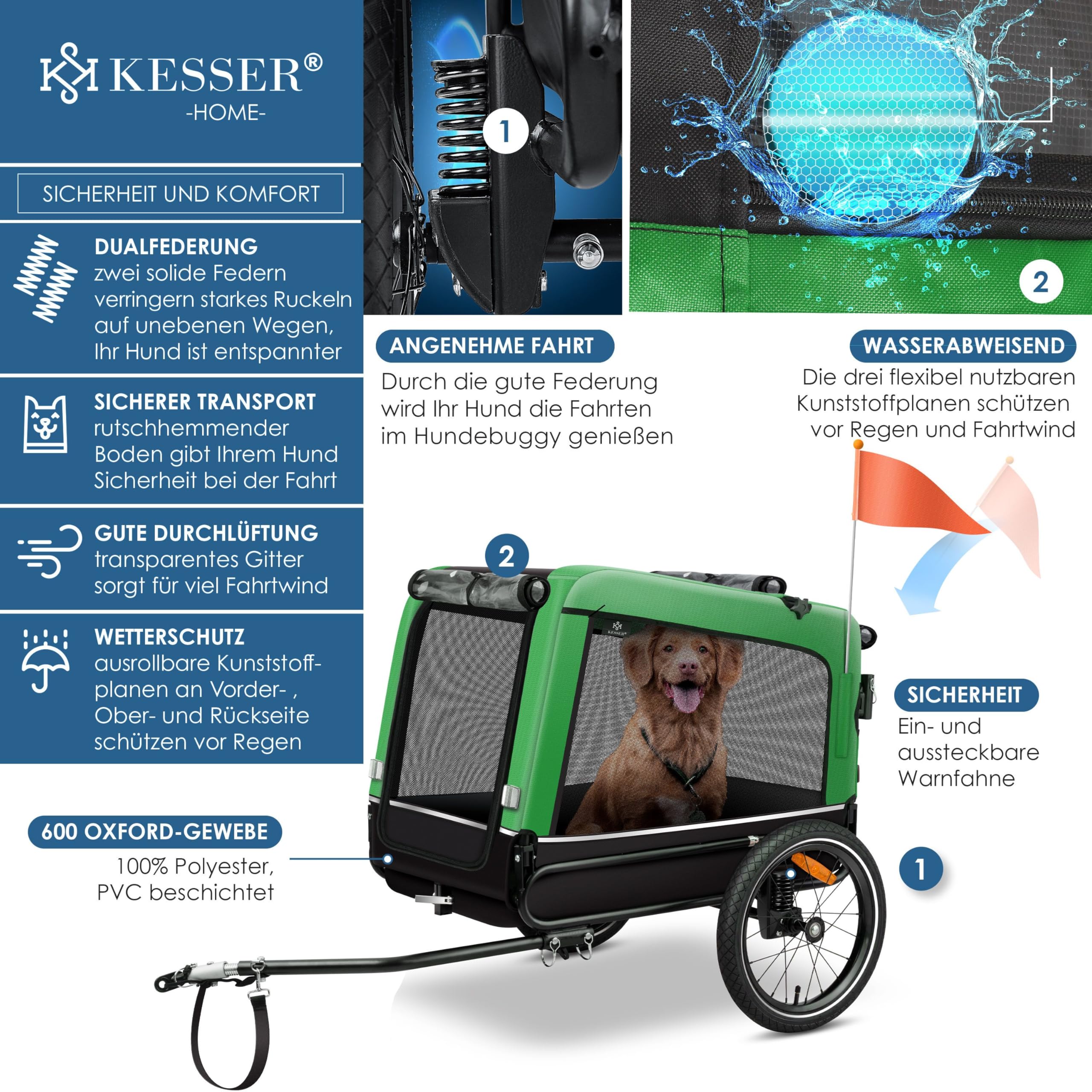 KESSER® Boxer 3-in-1 Rimorchio per Cani, circa 240 Litri di Volume, Tela Oxford 600D, SmartSpace Concept, max. 40 kg incluso Supporto per Bevande e Smartphone, molleggiato