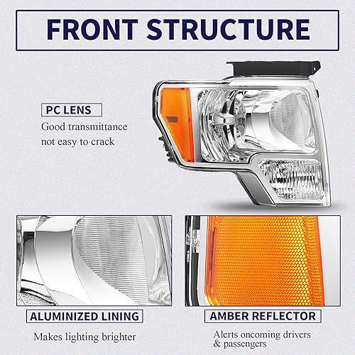 Miniatura 5 de CAPSER Conjunto de faros delanteros compatible con Ford F-150 Pickup Truck 2009-2014, lente transparente cromada, reflector ámbar, lado del