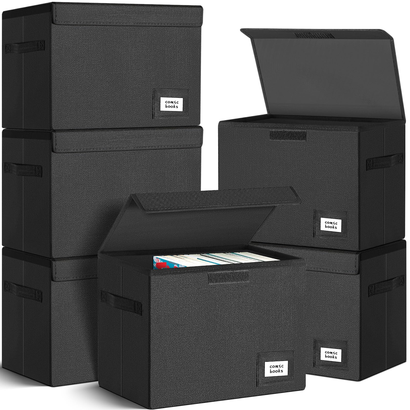 Leffis 6 Pack Comic Book Storage, Collapsible and Stackable Comic Short Box, Moistureproof Comic Box with Lid and Label Slot 15.5" X 7.5" X 11.3" Holds 150 Comics