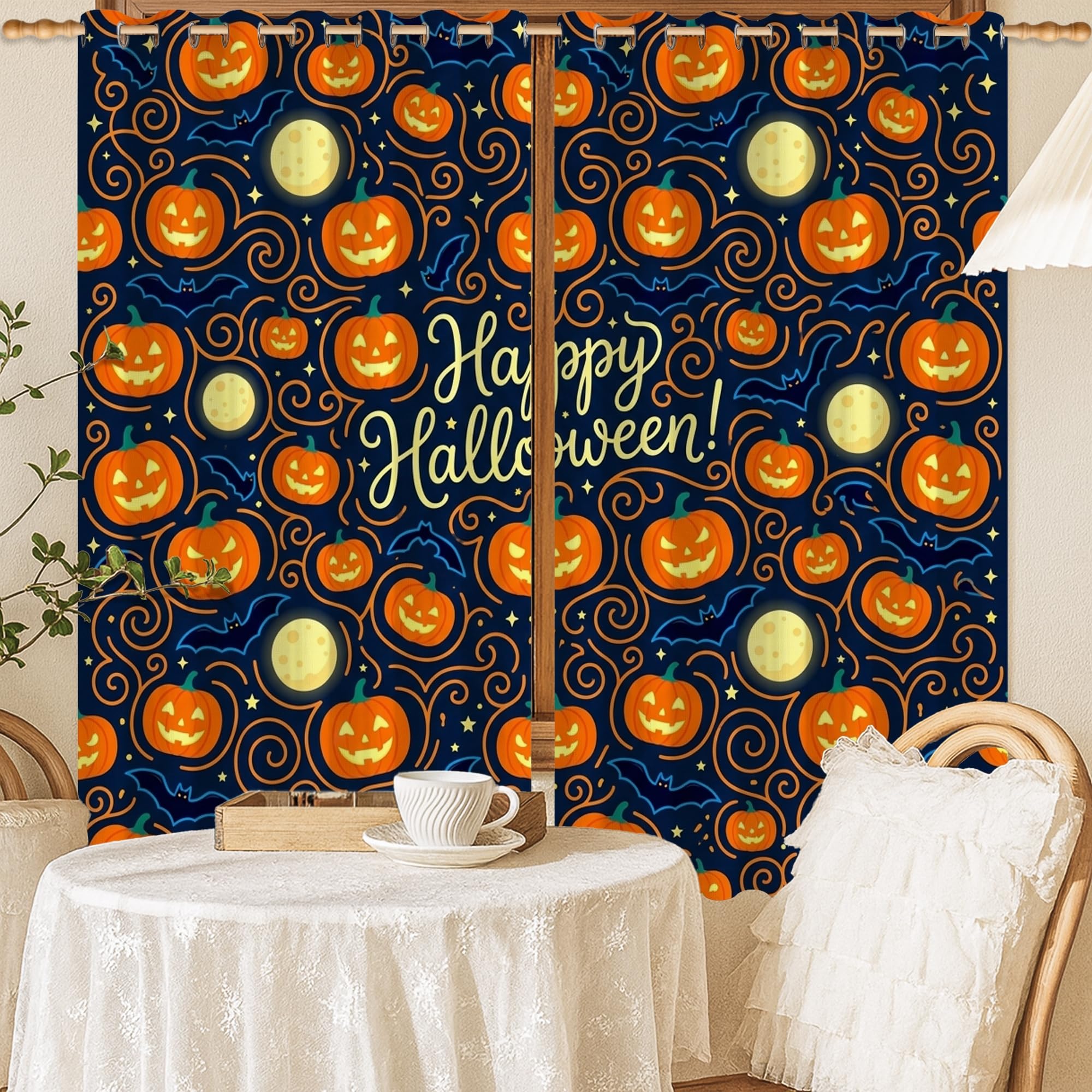 Rideaux occultants orange citrouilles et chauve-souris 132x137 cm pour fenêtre de salon