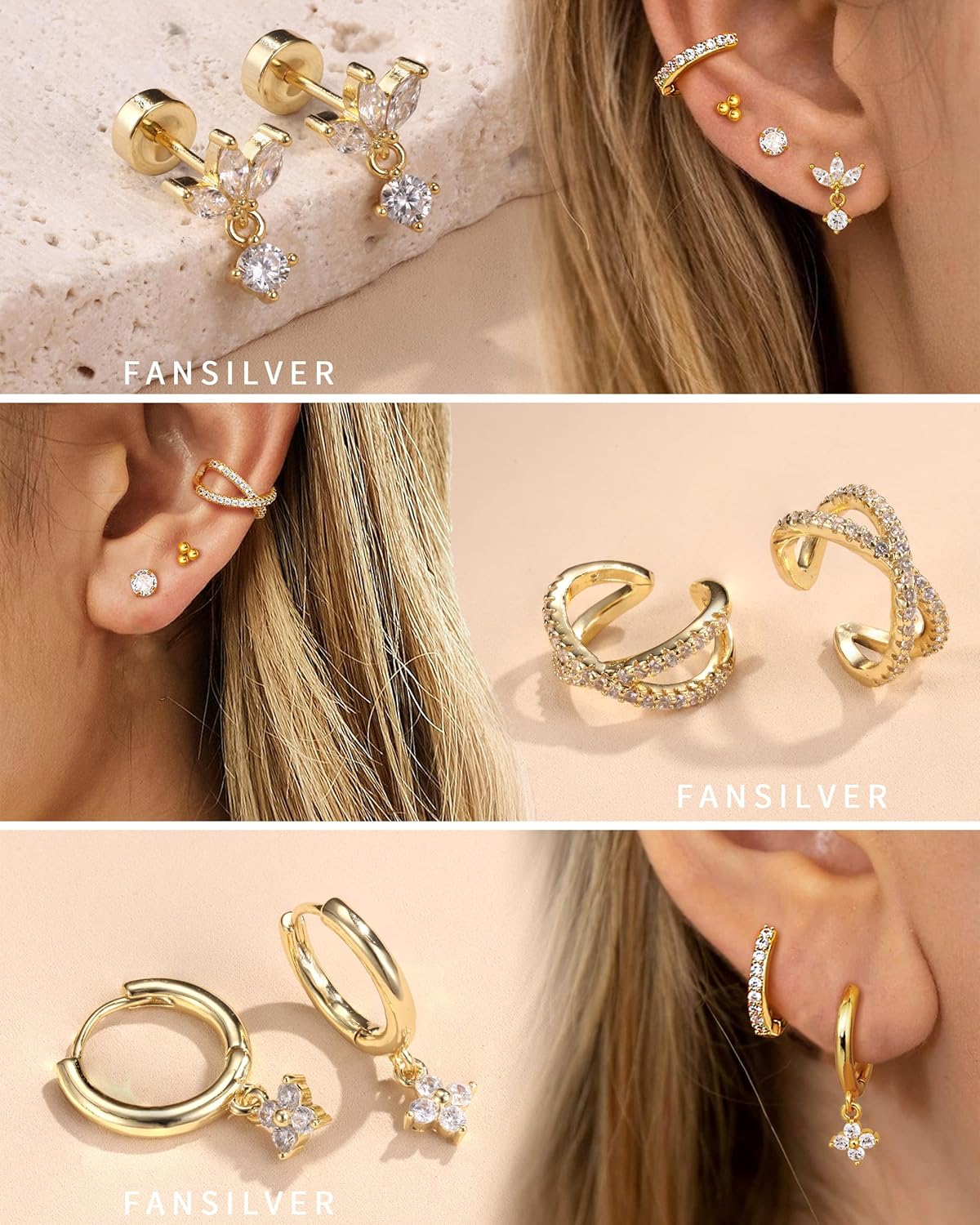 Fansilver 14K Gold Plated Earrings Stacks for Women, Hypoallergenic Surgical Stainless Steel Flat Back Earrings,Dainty Small Huggie Hoops Studs Earring-Cartilage Earring Set for Multiple Piercing - Image 4