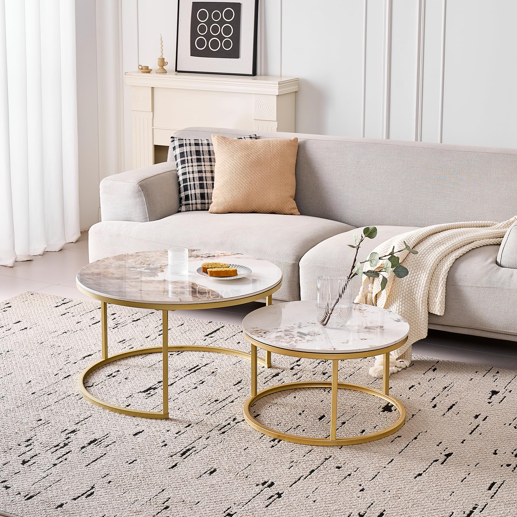 Runden Couchtisch 2er Set, Moderne Satztische mit Keramikplatte (Keine MDF-Platte), Ideal für Wohnzimmer, Schlafzimmer, Balkon und Büro (Pandora+Gold), 60+80cm