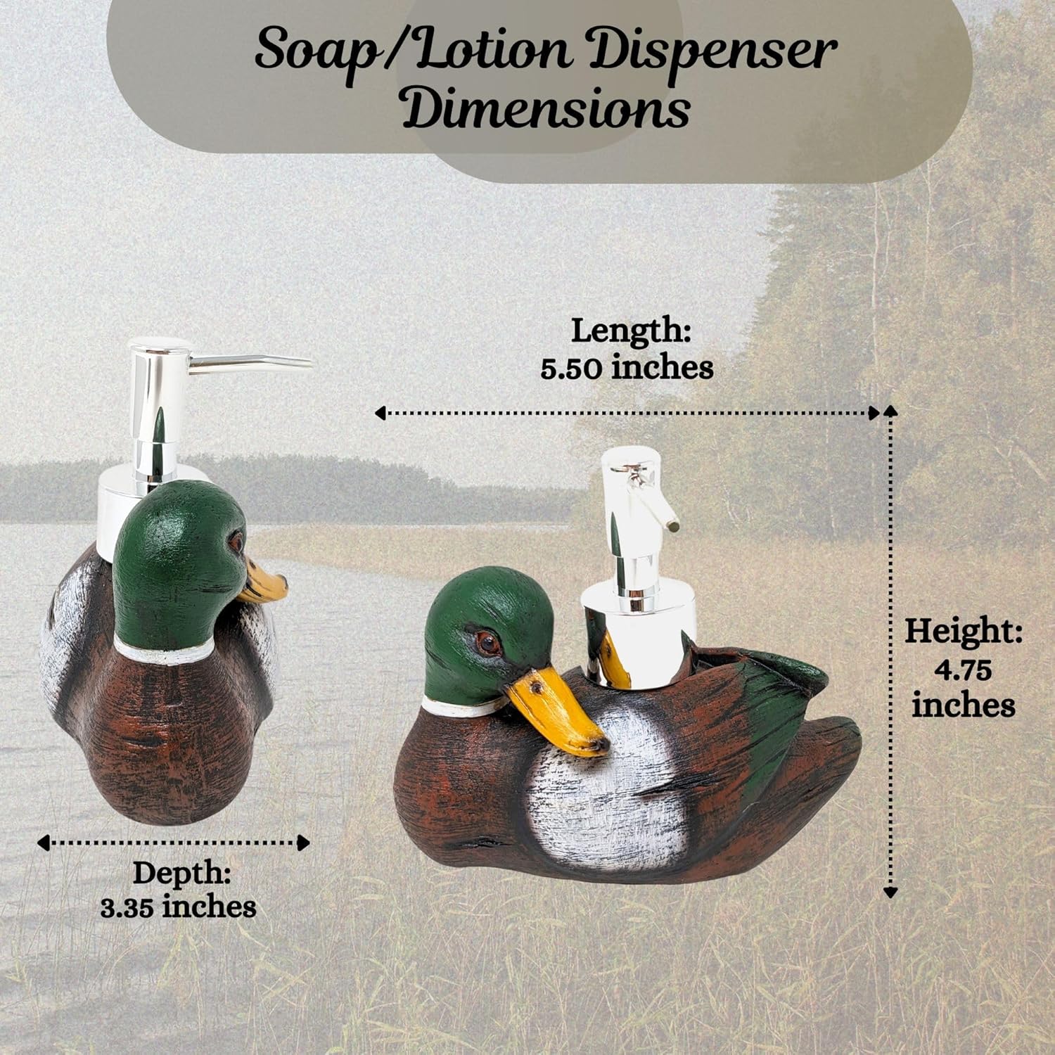 BestGiftEver Mallard Duck Countertop Soap Pump Dispenser - Lakeside-Inspired Bathroom Accessories - Ideal for Duck Hunters and Lakehouse Lovers