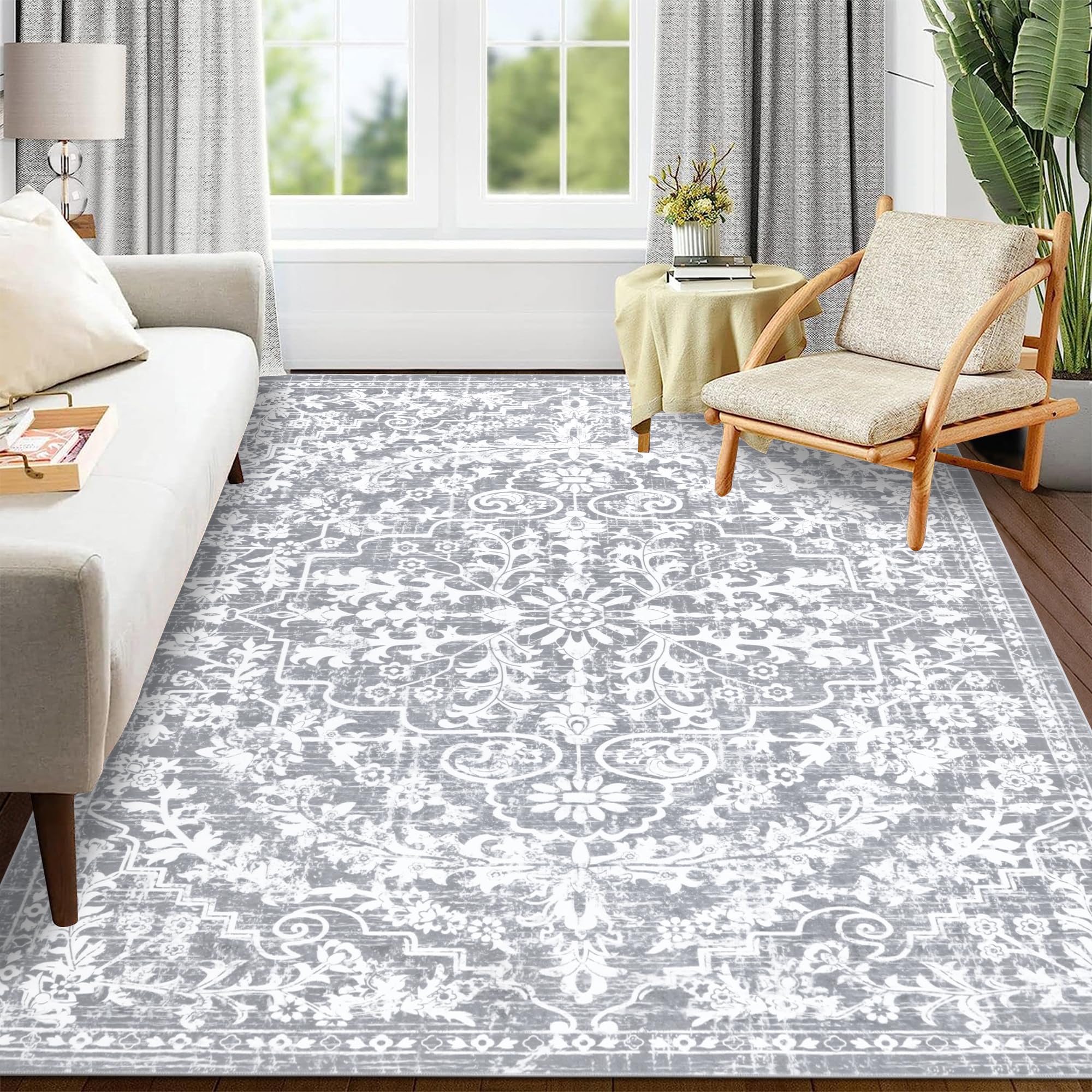 Pauwer Boho Washable Area Rug 5x7 Soft Living Room Bedroom Floor Carpet Mat Indoor Farmhouse Vintage Non Slip Accent Throw Rugs for Entryway Kitchen