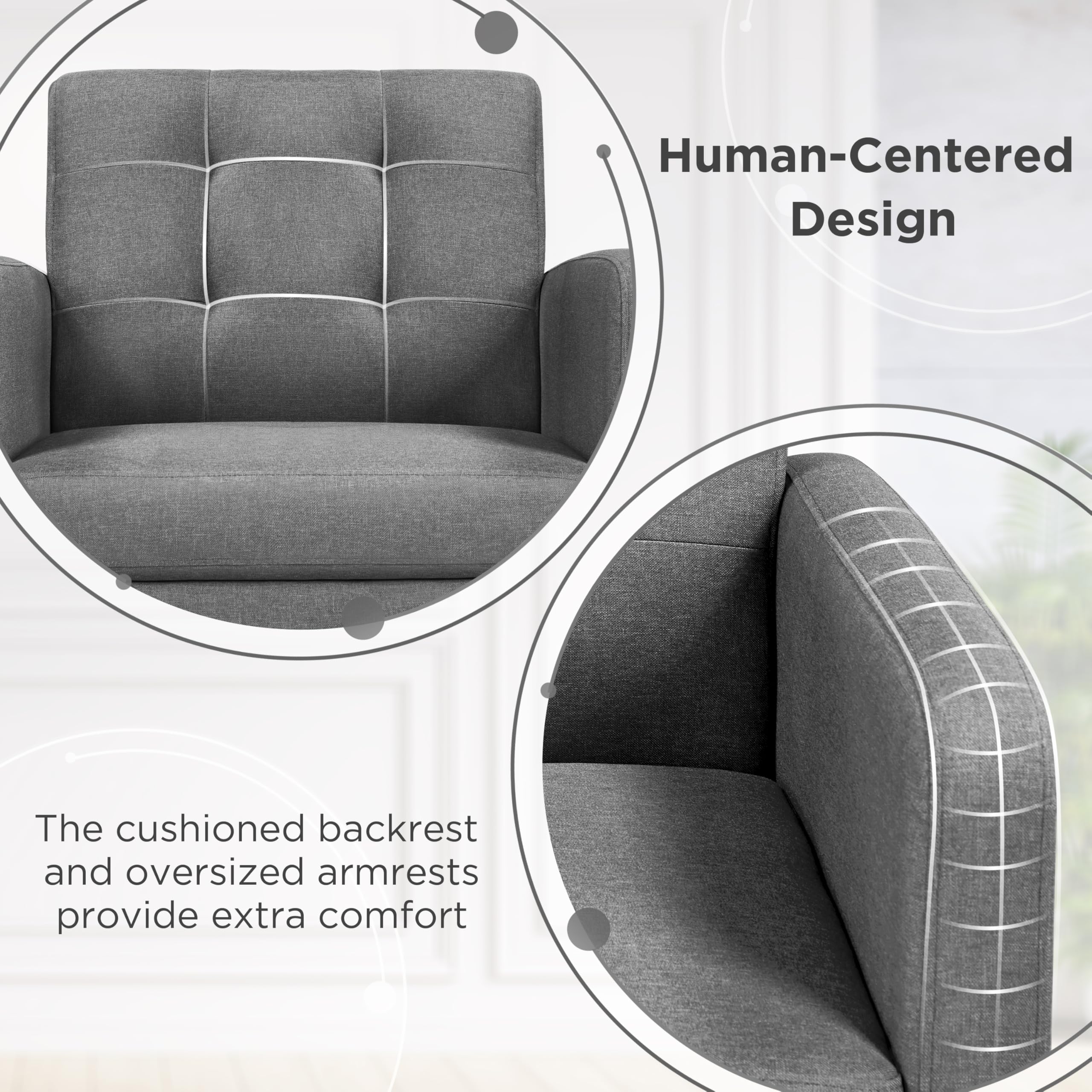 Yaheetech Ohrensessel Sessel mit Armlehnen, Lounge-Sessel Relaxsessel mit getufteter Rückenlehne, Modern Sessel bis136 KG belastbar, für Wohnzimmer, Schlafzimmer, bis136 KG belastbar, Grau