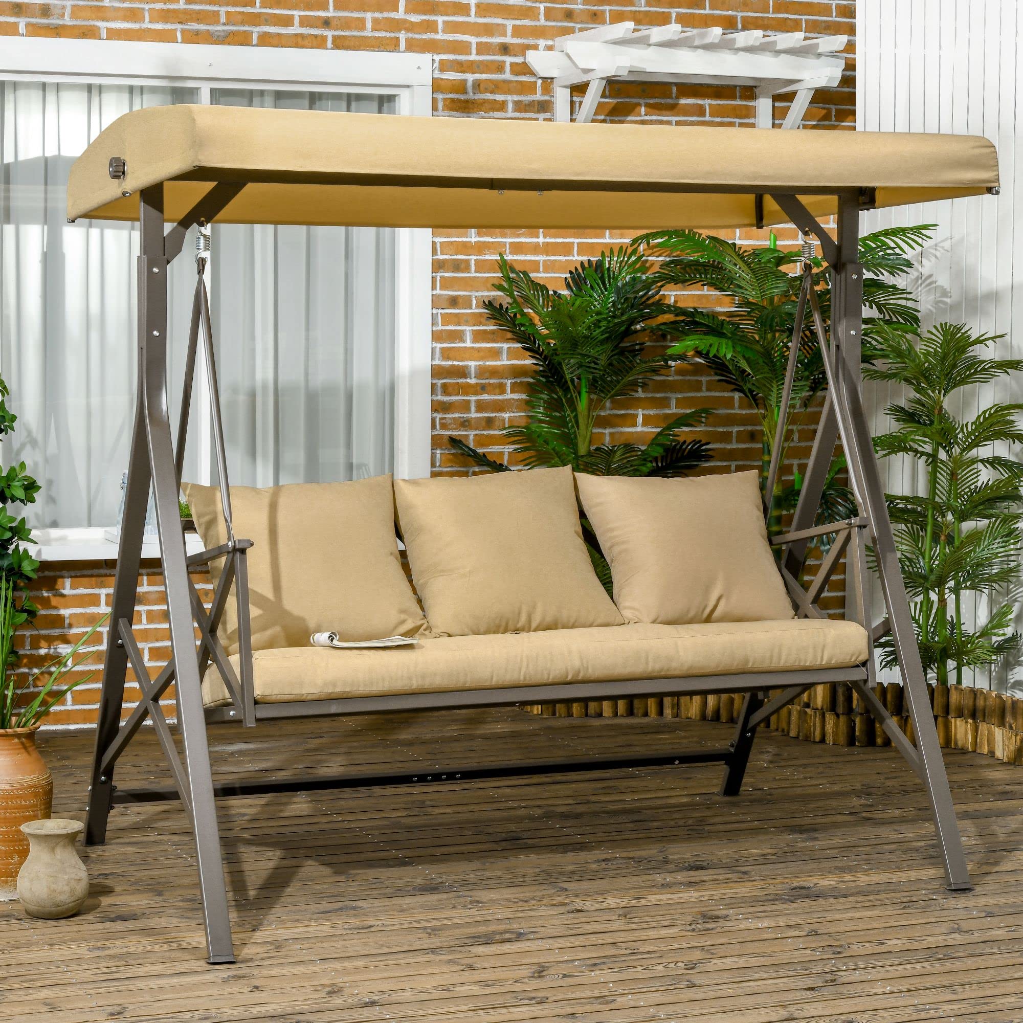 Outsunny Dondolo da Giardino 3 Posti in Acciaio e Poliestere con Tettuccio Inclinabile e Cuscini per Seduta e Schienale, 190x120x178 cm, Marrone e Kaki