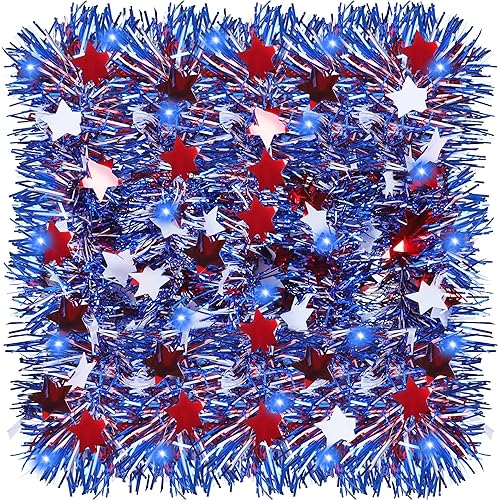 ANVAVO 32.8 Feet 4th of July Patriotic Tinsel Garland with 100 LED String Lights Star Red Blue Metallic Glitter Garland for Independence Day Home Party Hanging Decoration(Red White and Blue)